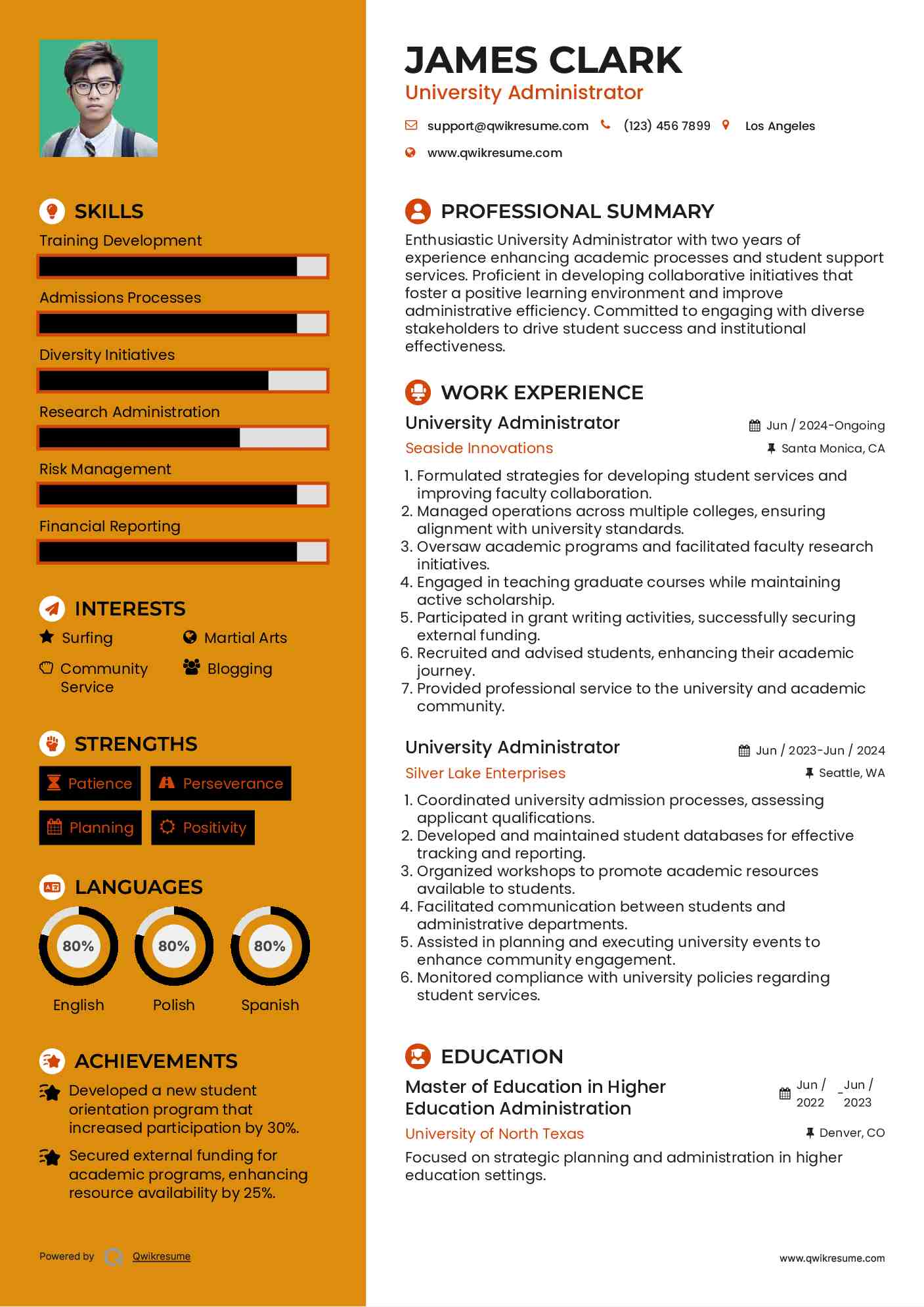 University Administrator Resume Sample