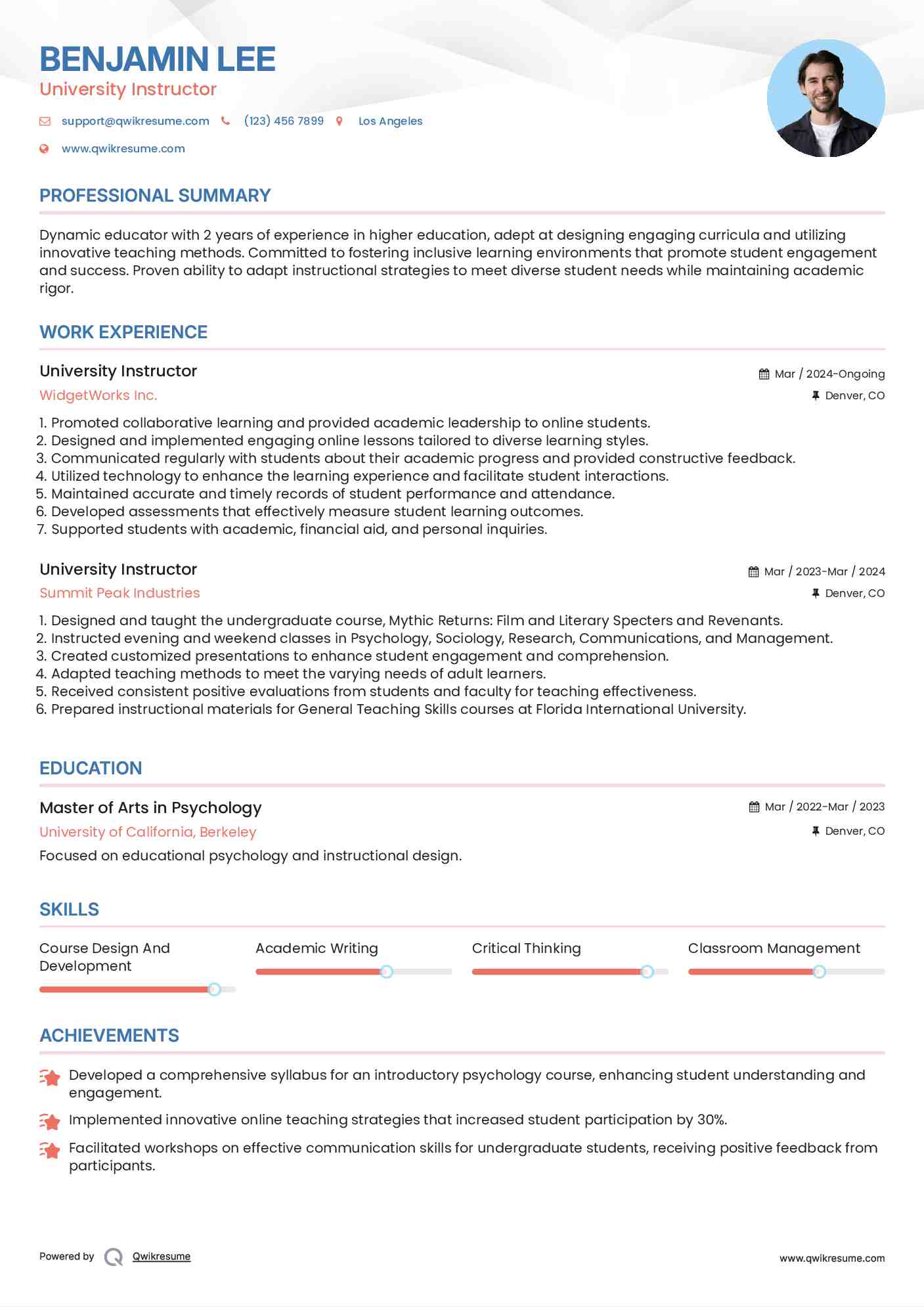 University Instructor Resume Model