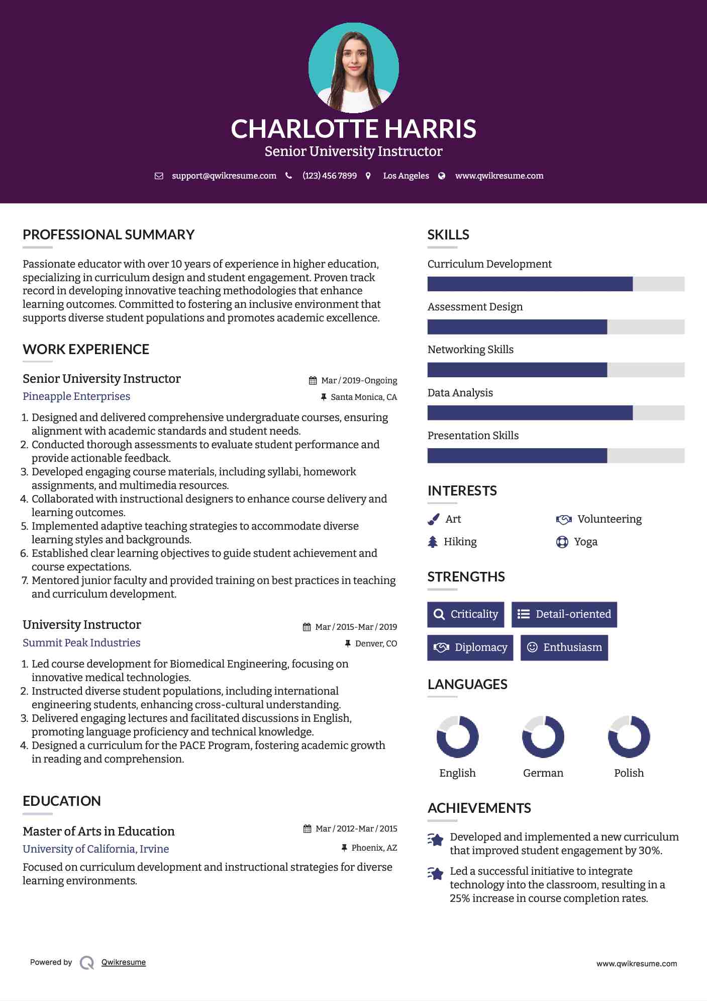Senior University Instructor Resume Example