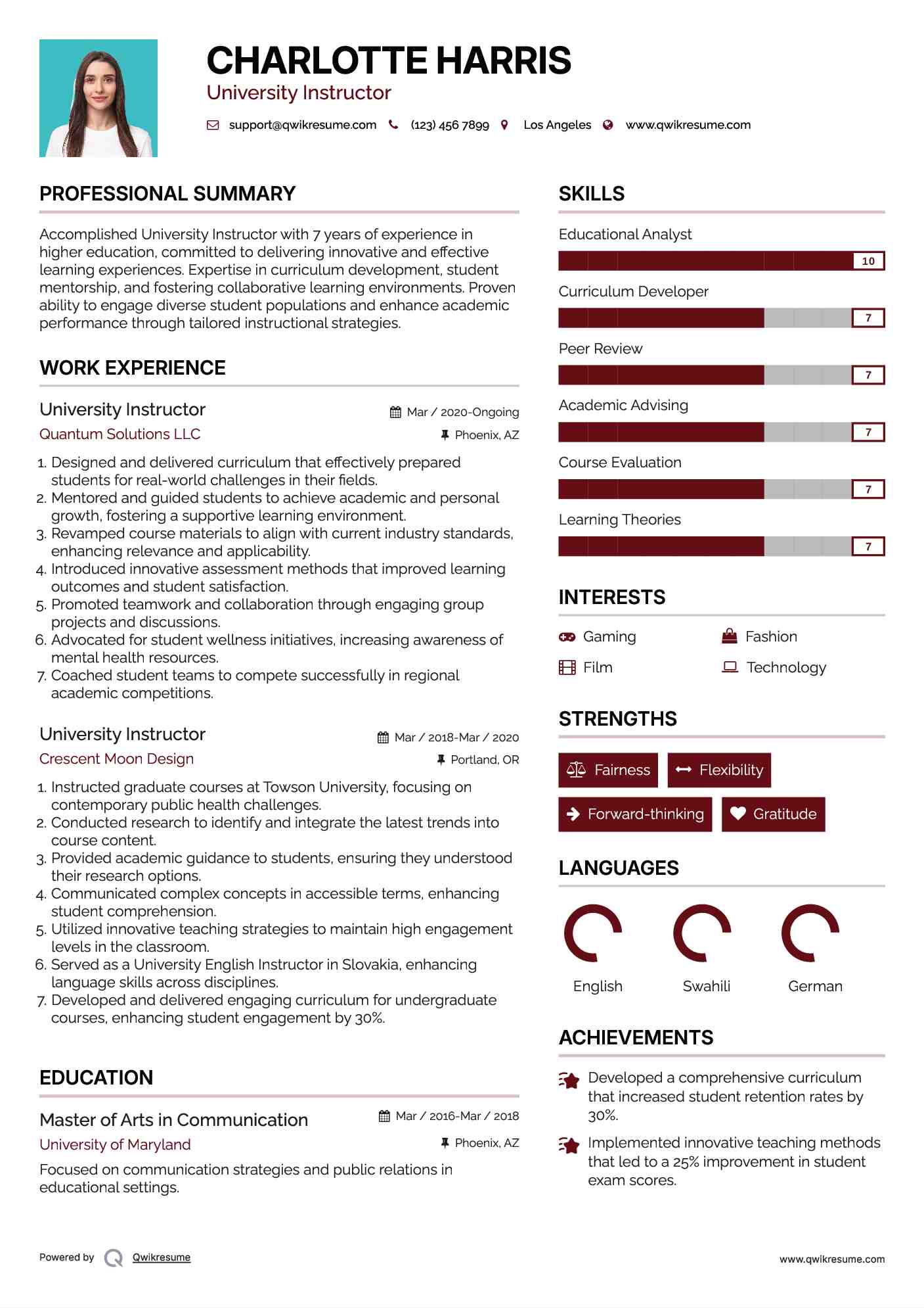University Instructor Resume Example