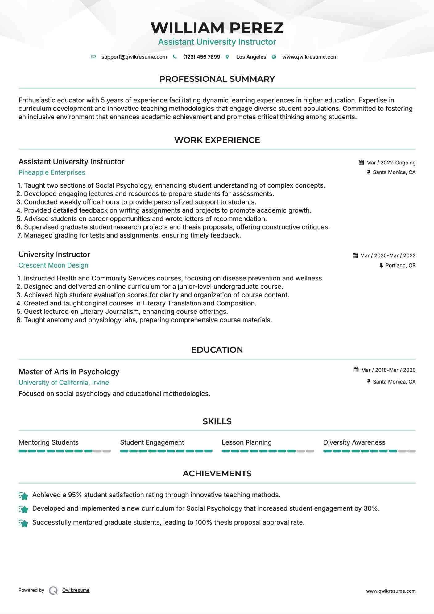 Assistant University Instructor Resume Model