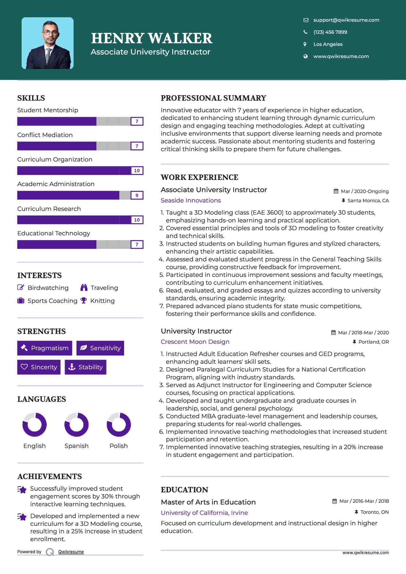 Associate University Instructor Resume Sample