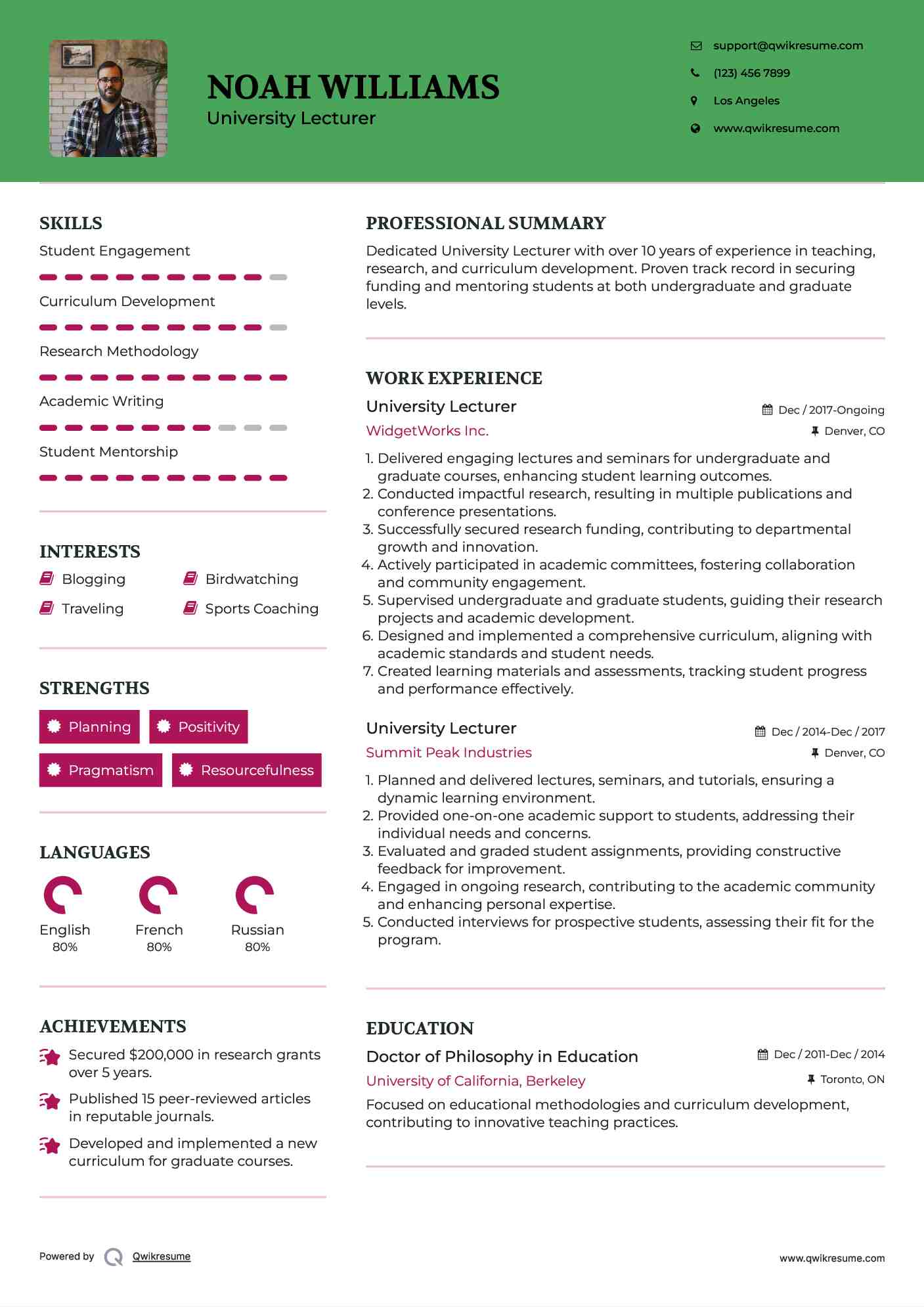 University Lecturer Resume Format