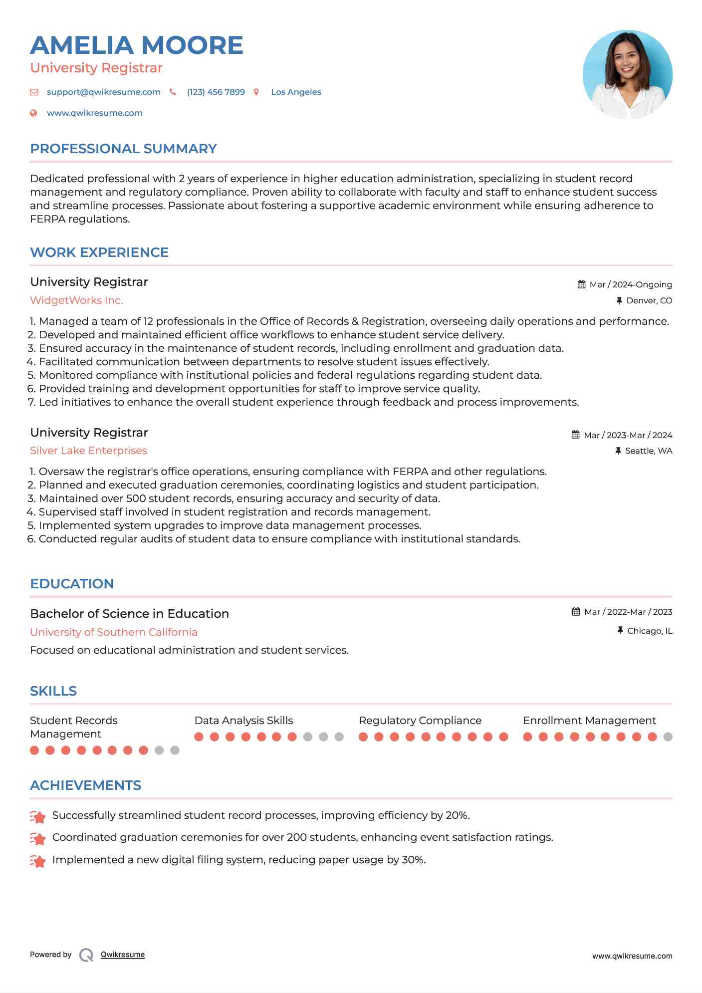 University Registrar Resume Format