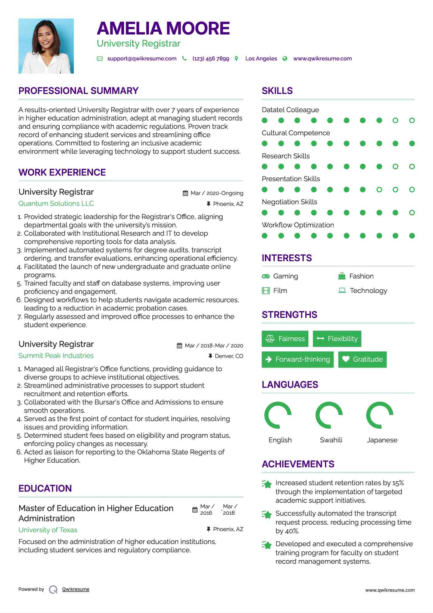 University Registrar Resume Template