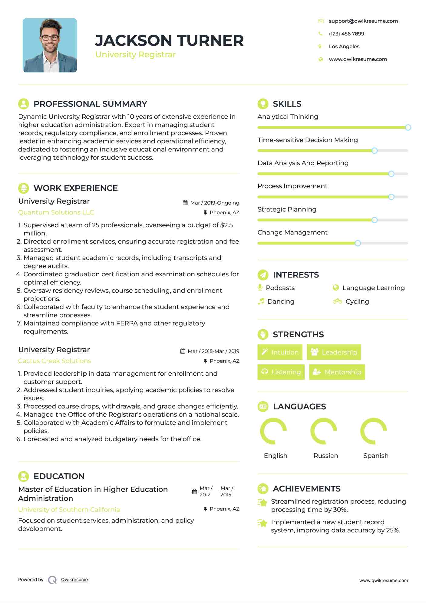 University Registrar Resume Model