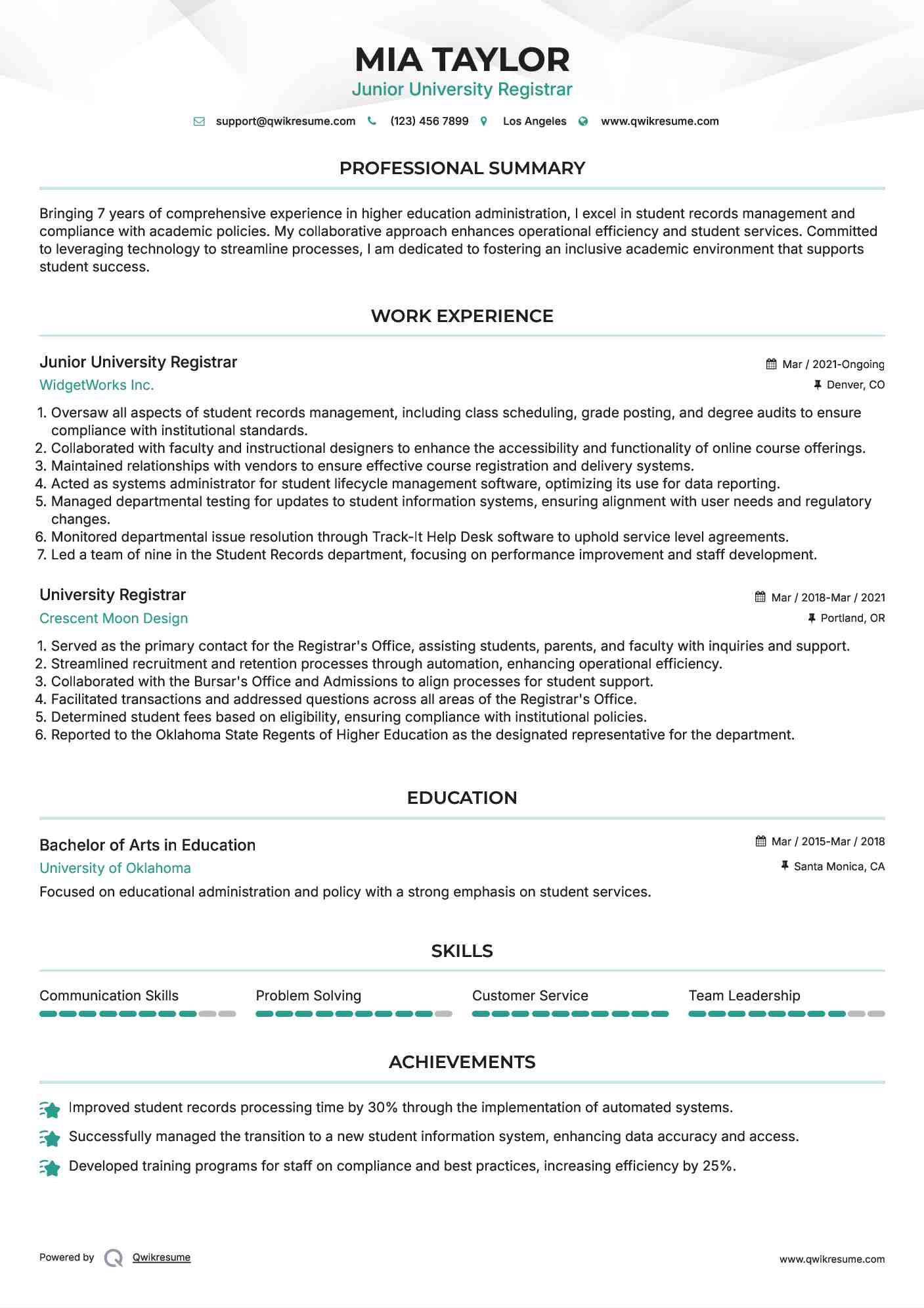 University Registrar Resume Samples QwikResume