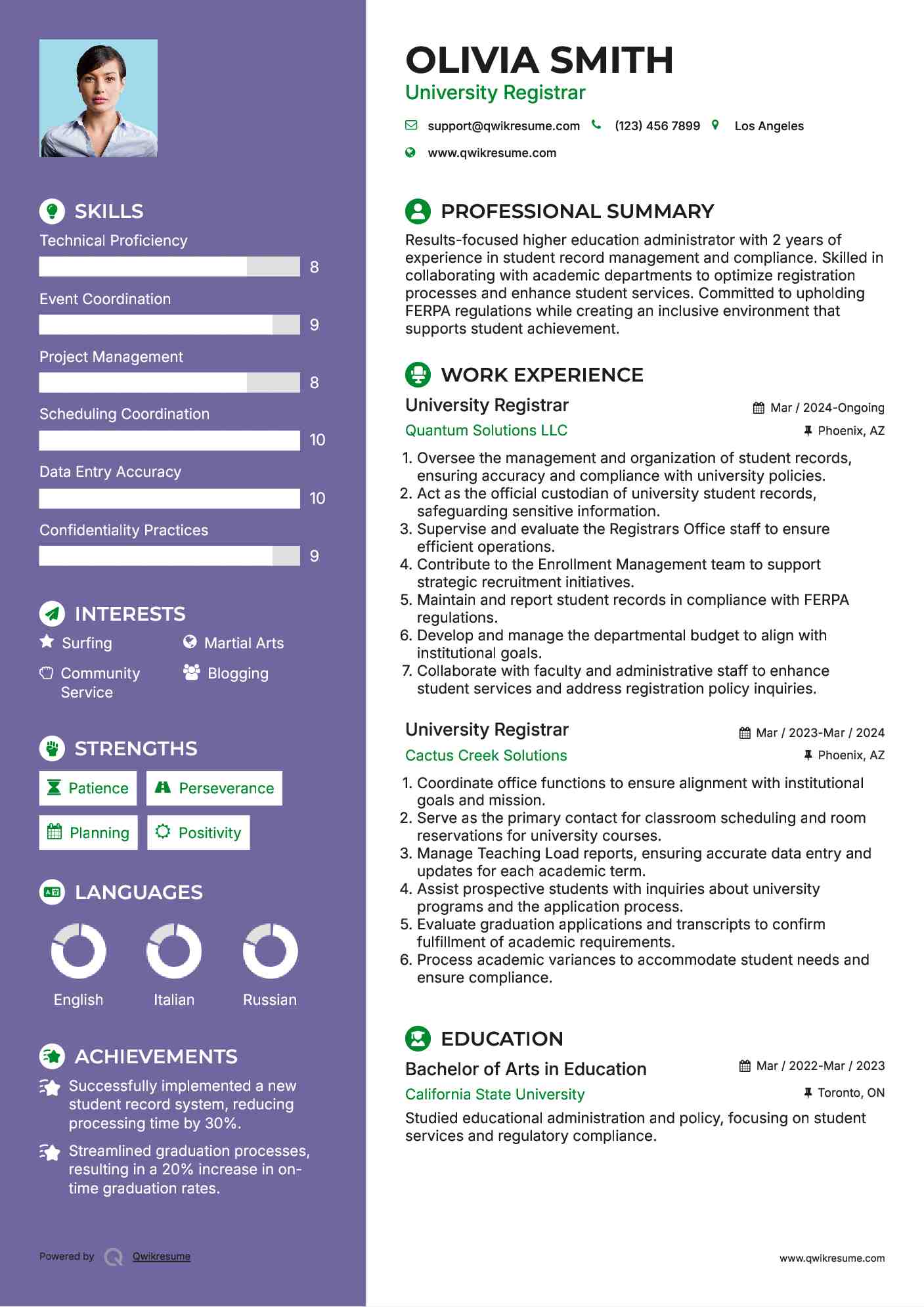 University Registrar Resume Format