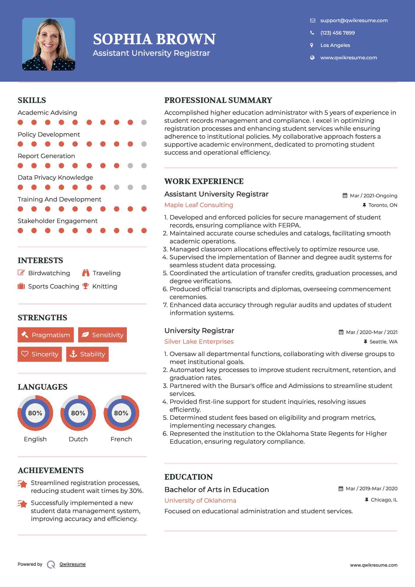 Assistant University Registrar Resume Format