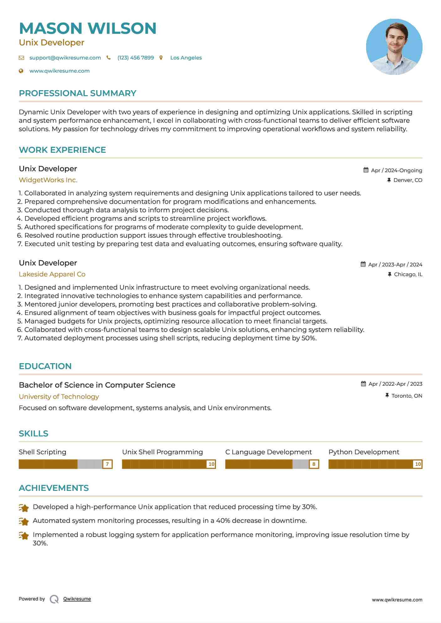 Unix Developer Resume Model