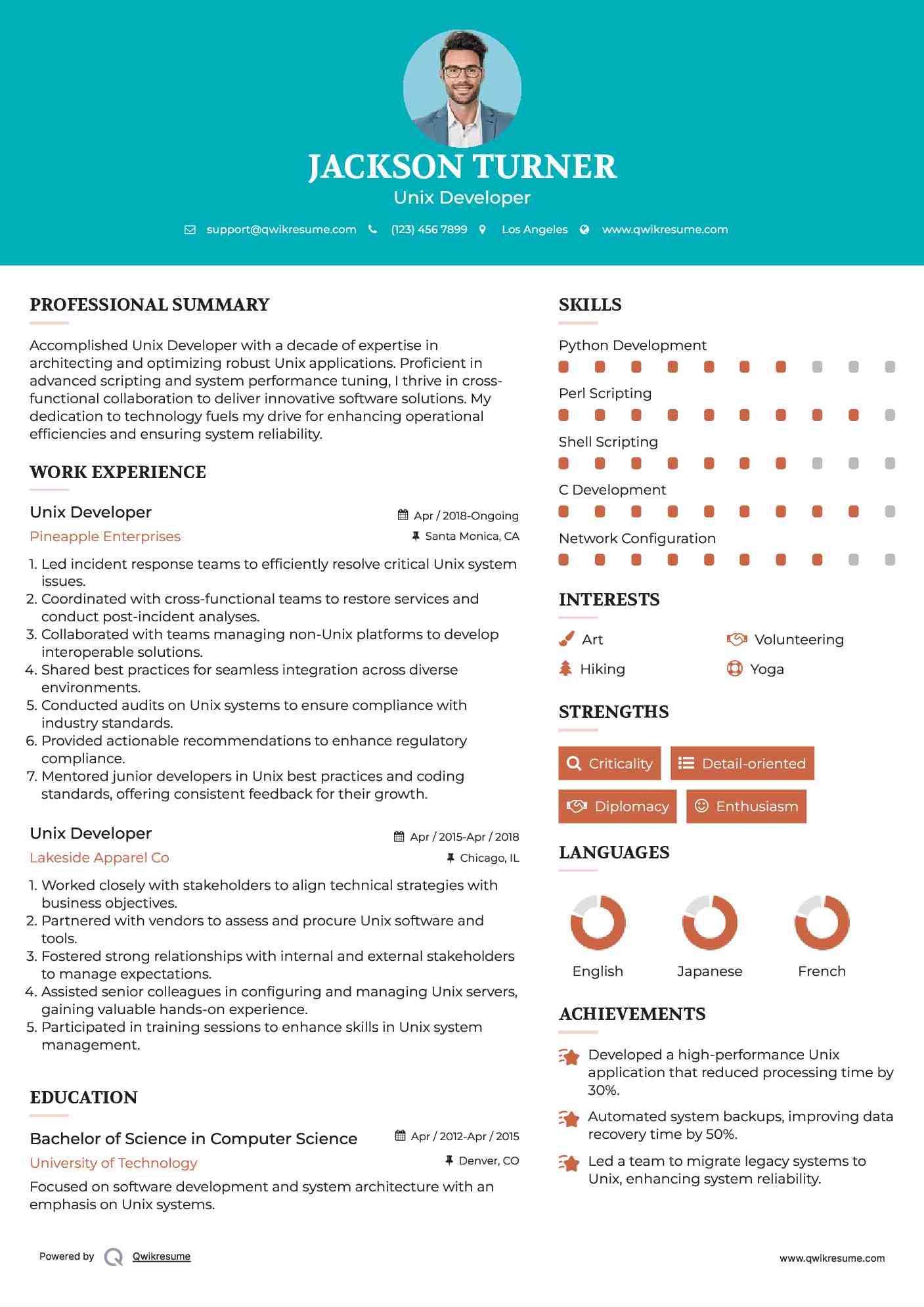 Unix Developer Resume Sample