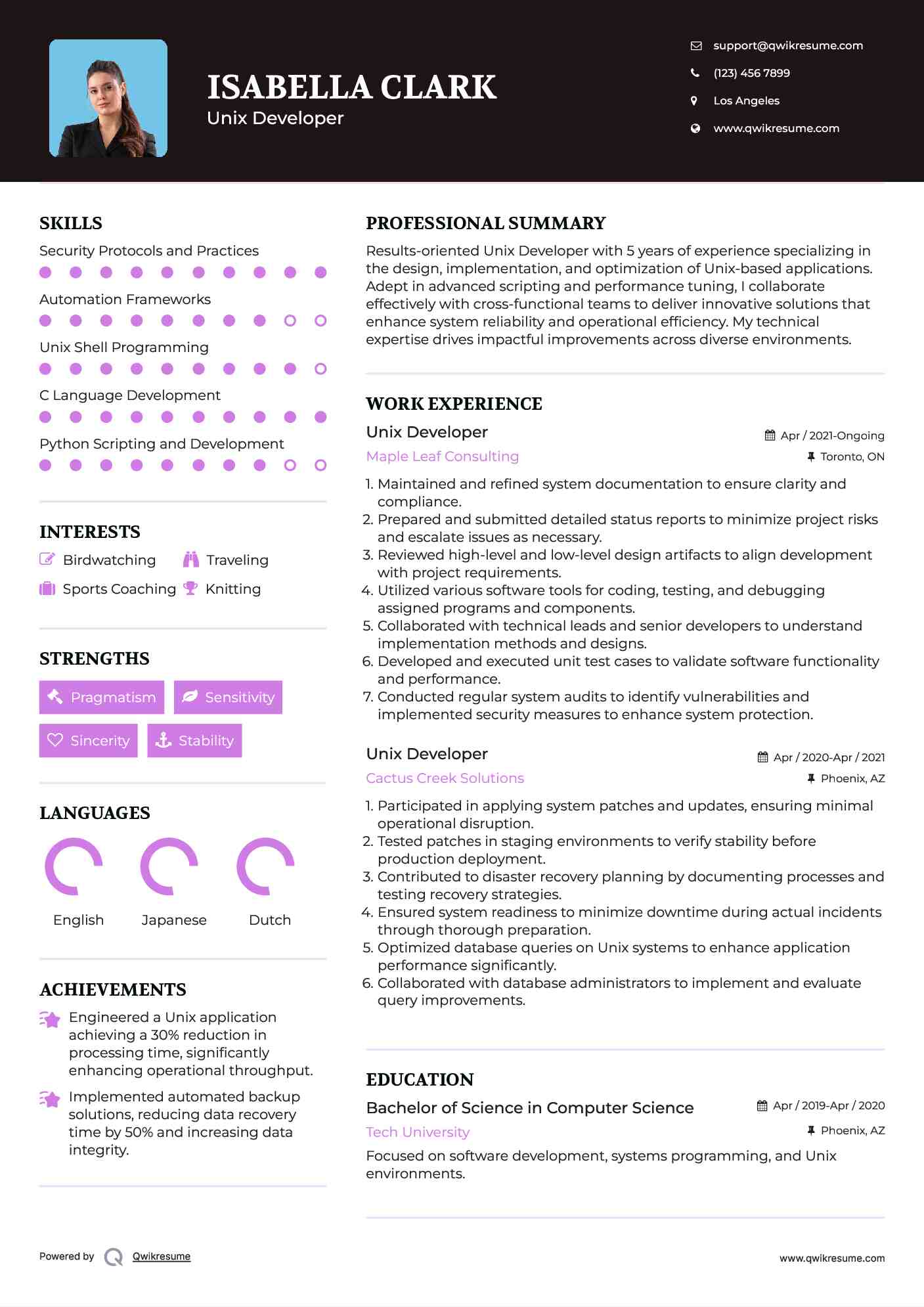 Unix Developer Resume Example