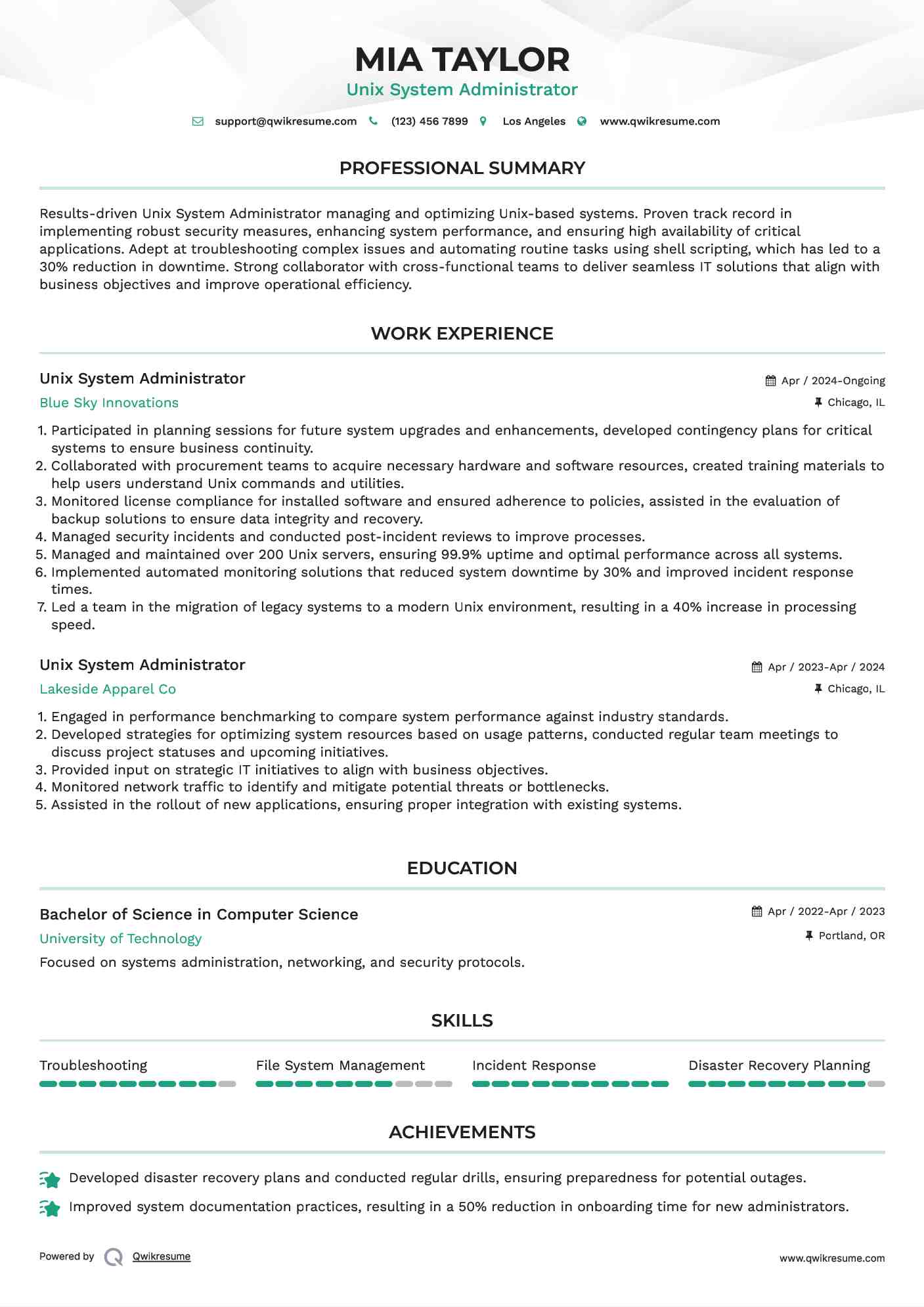 Unix System Administrator Resume Template