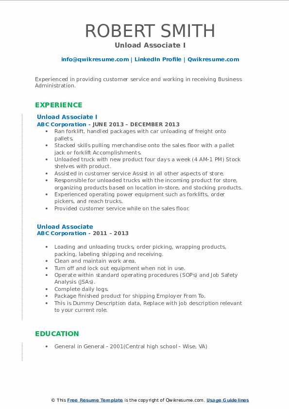 Unload Associate Resume Samples QwikResume
