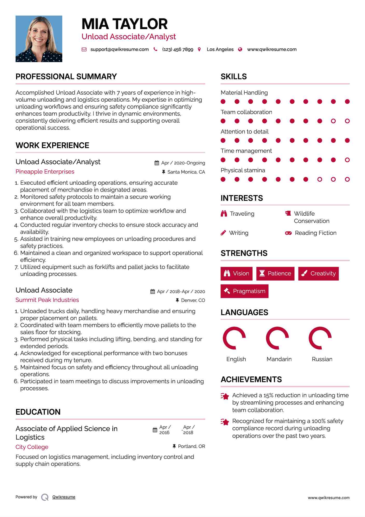 Unload Associate/Analyst Resume Template