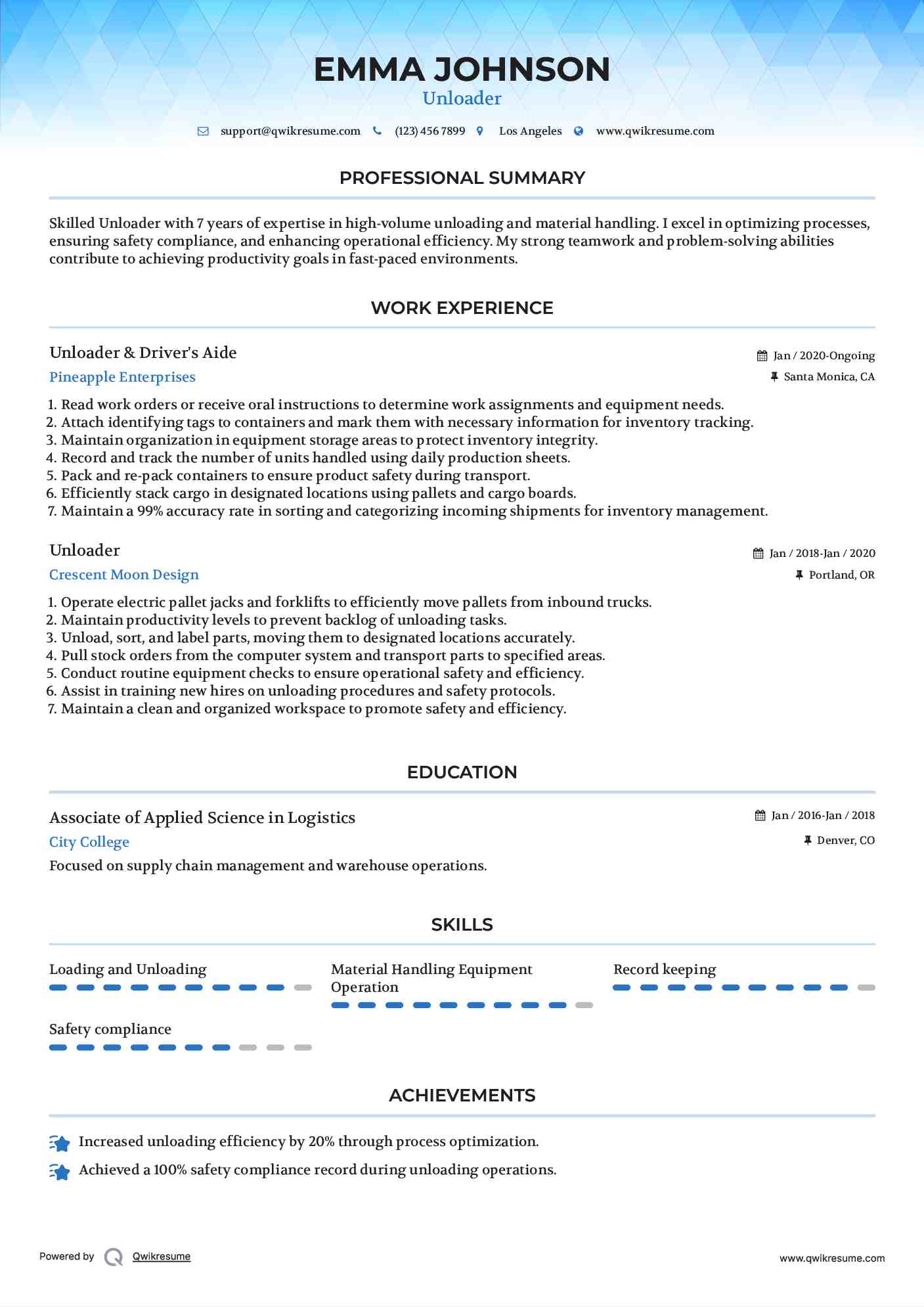 Unloader & Driver's Aide Resume Example