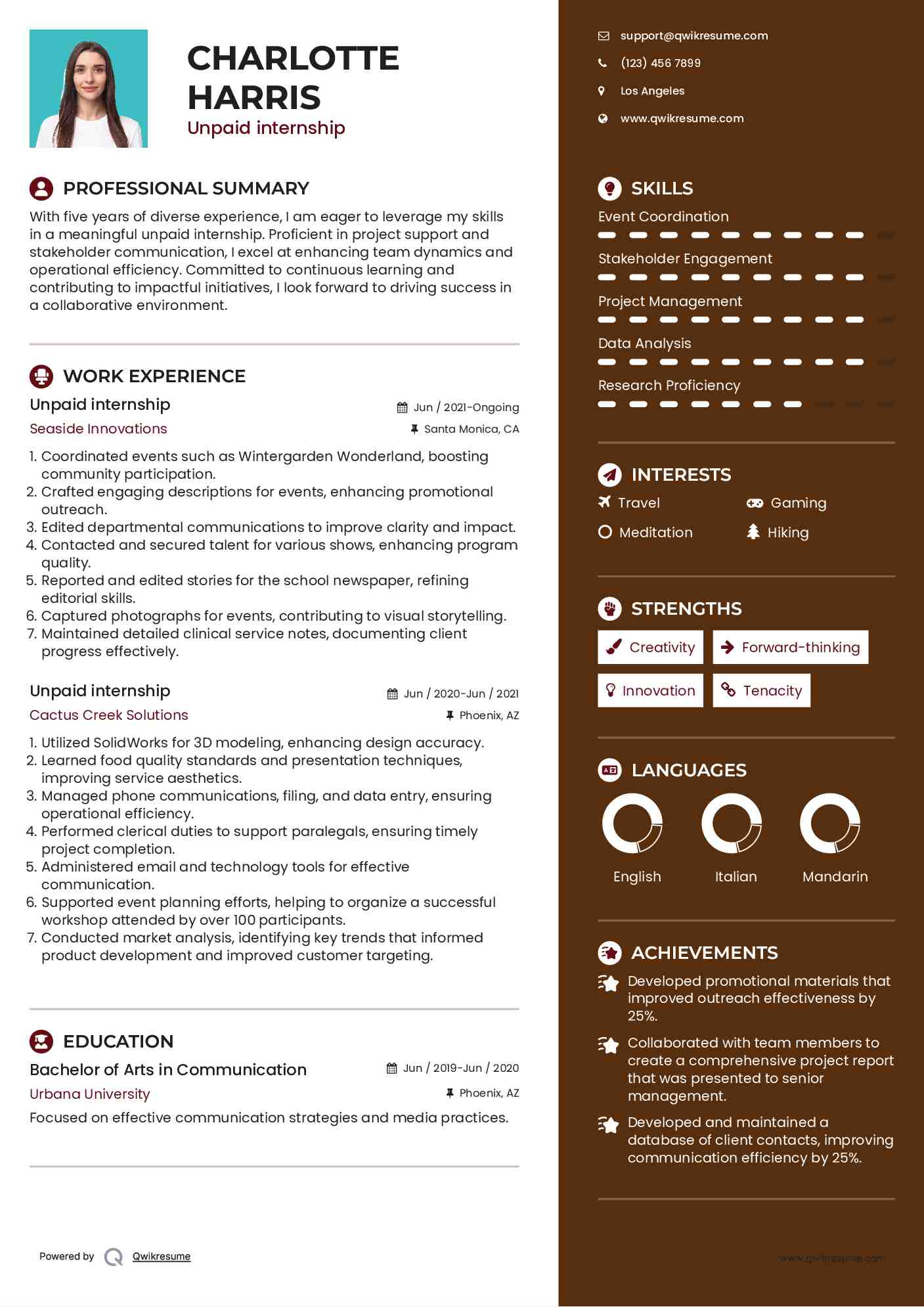 Unpaid internship Resume Template