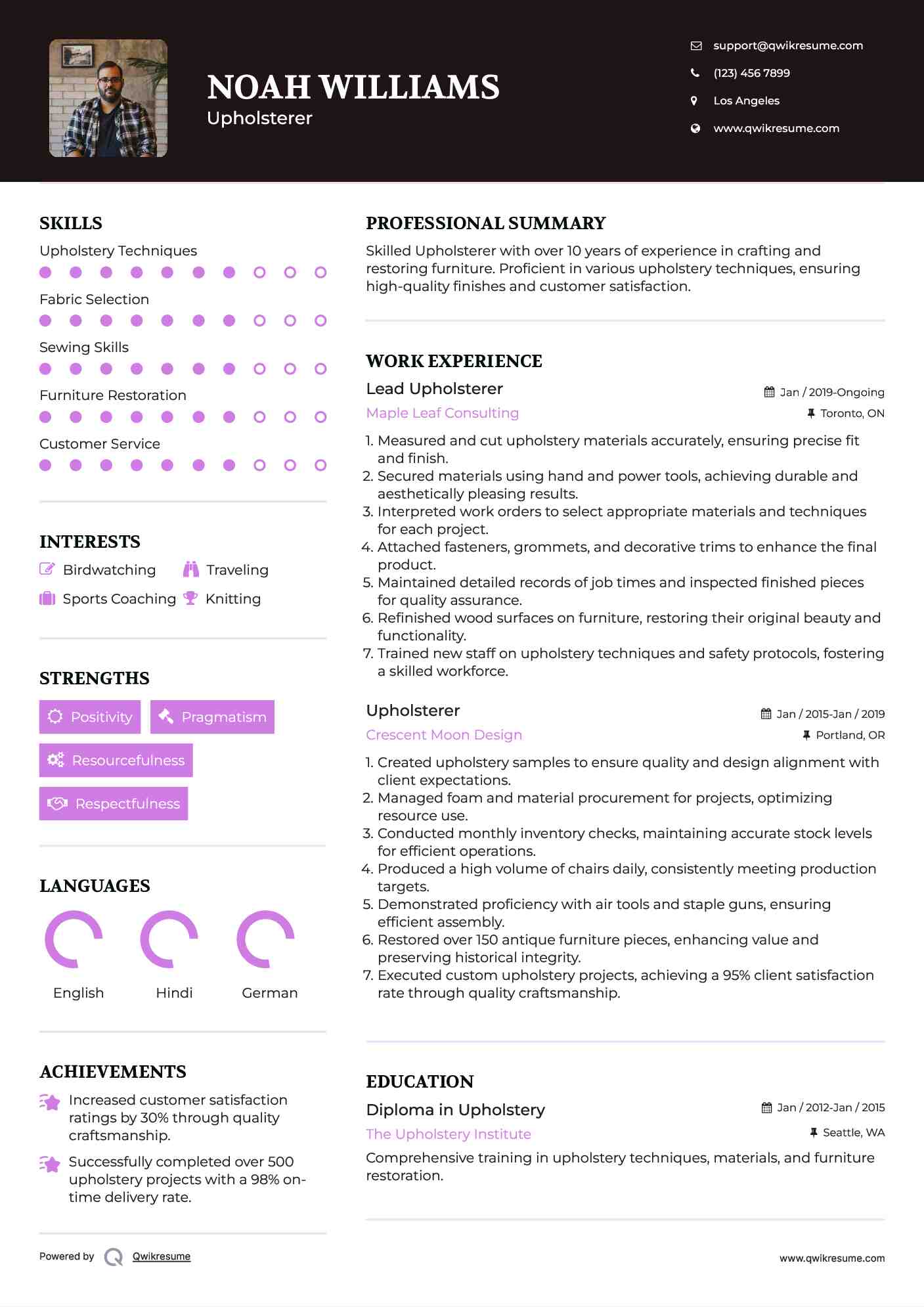 Lead Upholsterer Resume Model