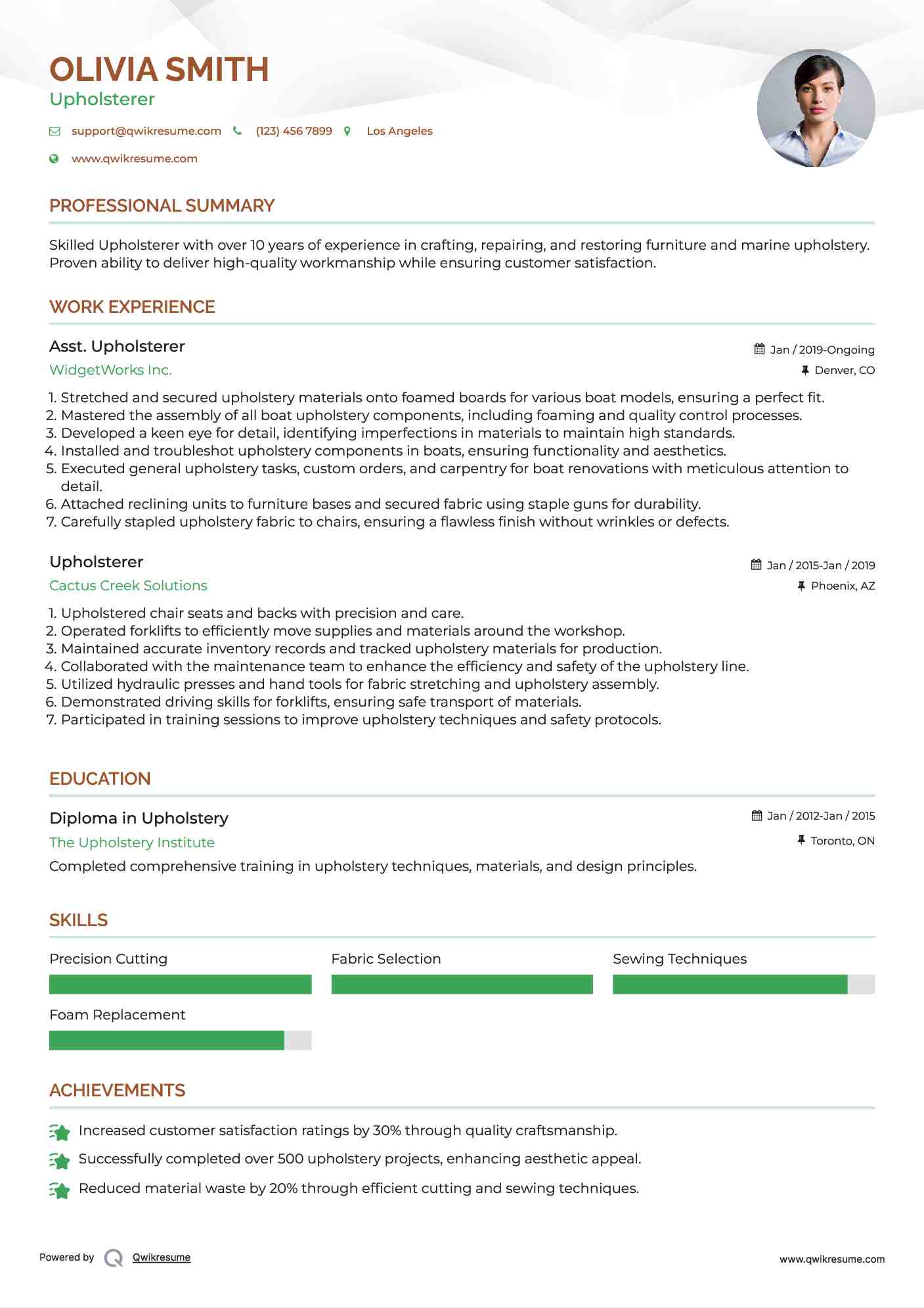 Asst. Upholsterer Resume Sample