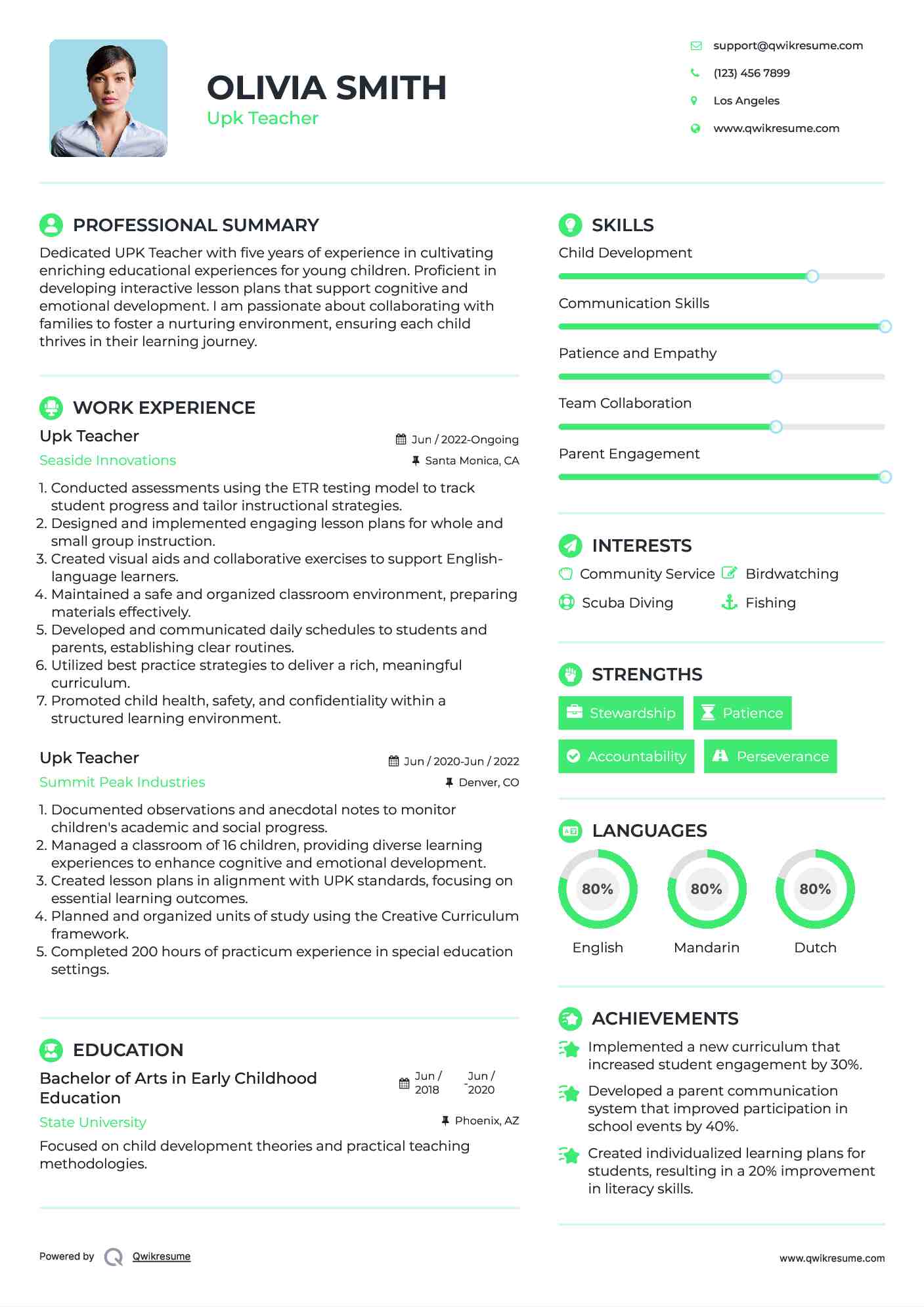 Upk Teacher Resume Sample