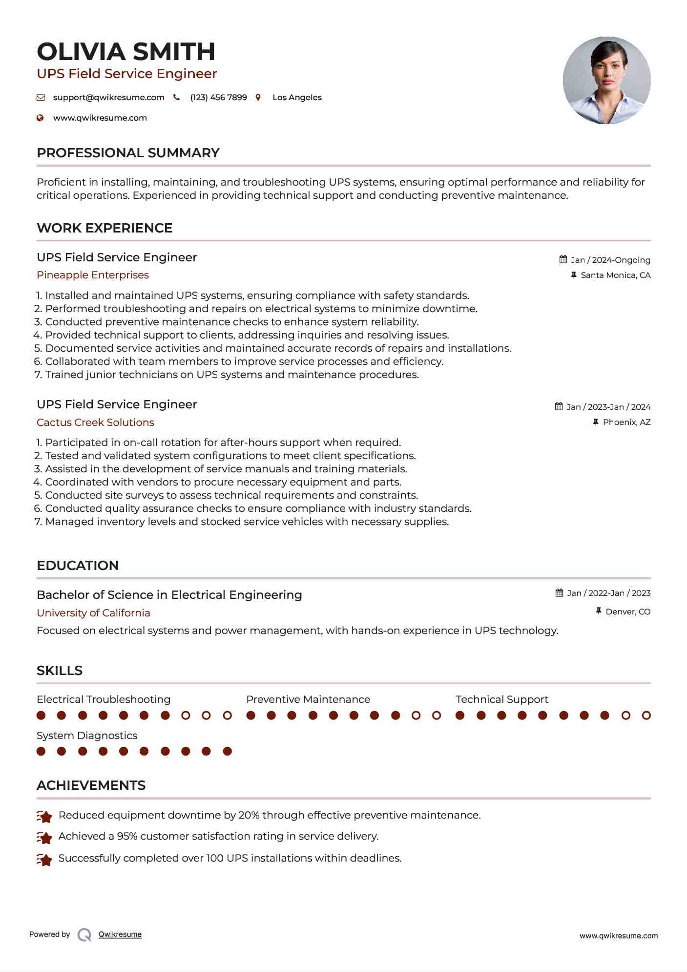 UPS Field Service Engineer Resume Sample