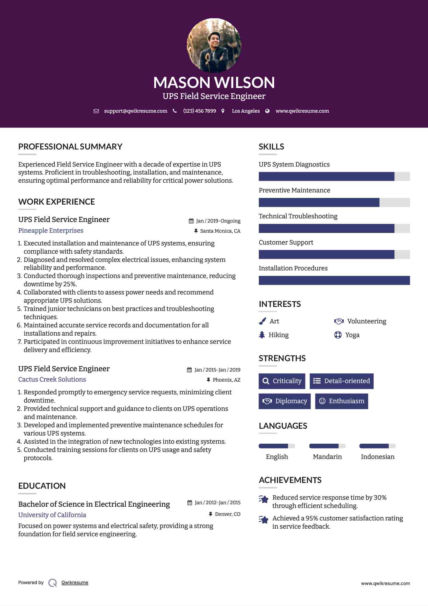 UPS Field Service Engineer Resume Model