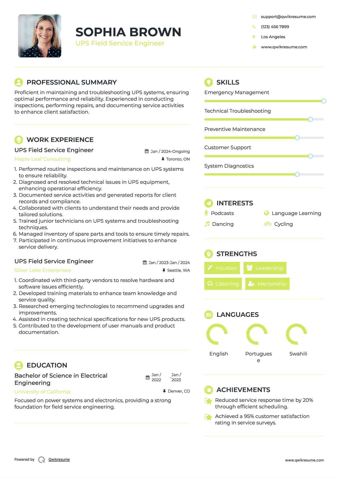 UPS Field Service Engineer Resume Example