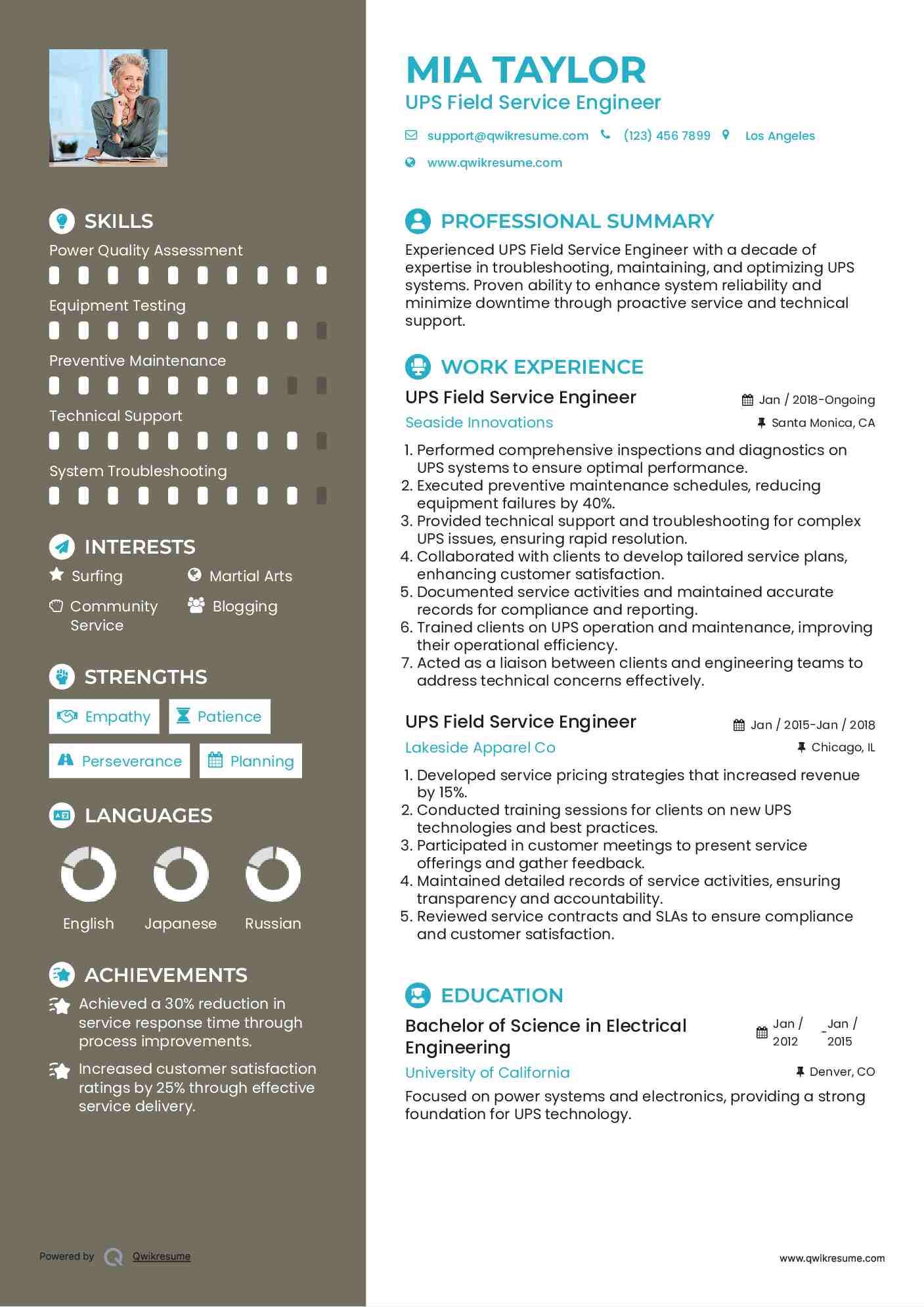 UPS Field Service Engineer Resume Template