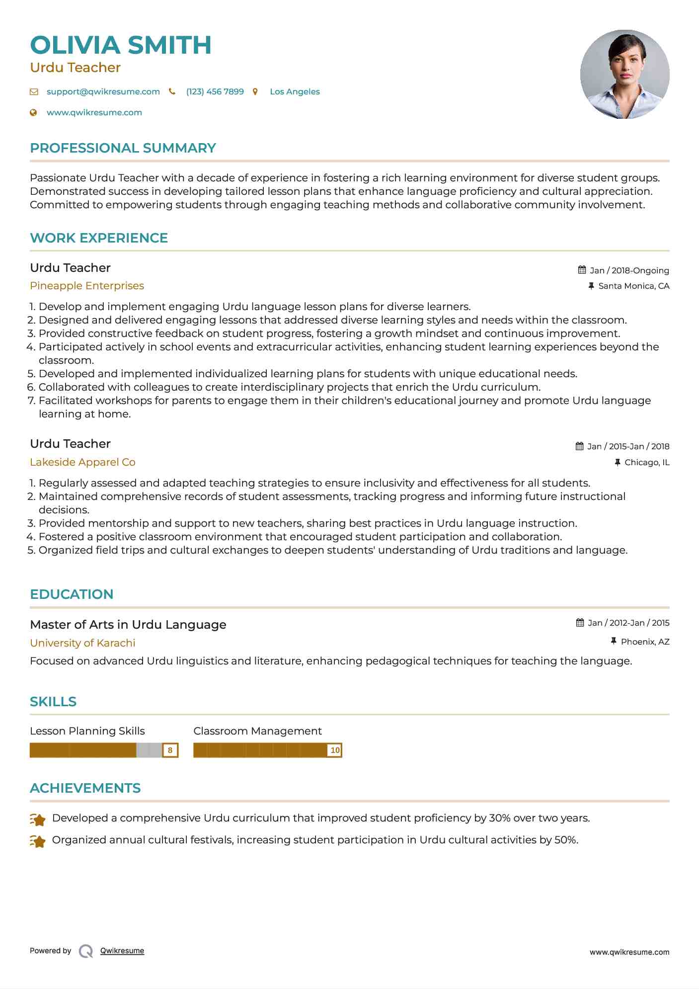 Urdu Teacher Resume Model