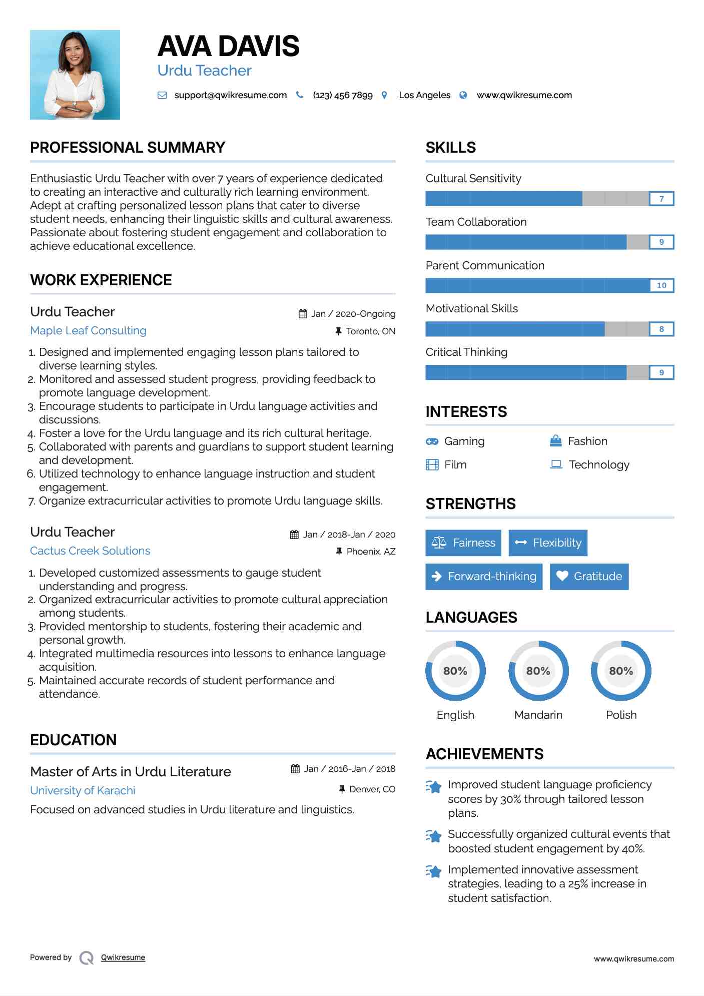 Urdu Teacher Resume Sample