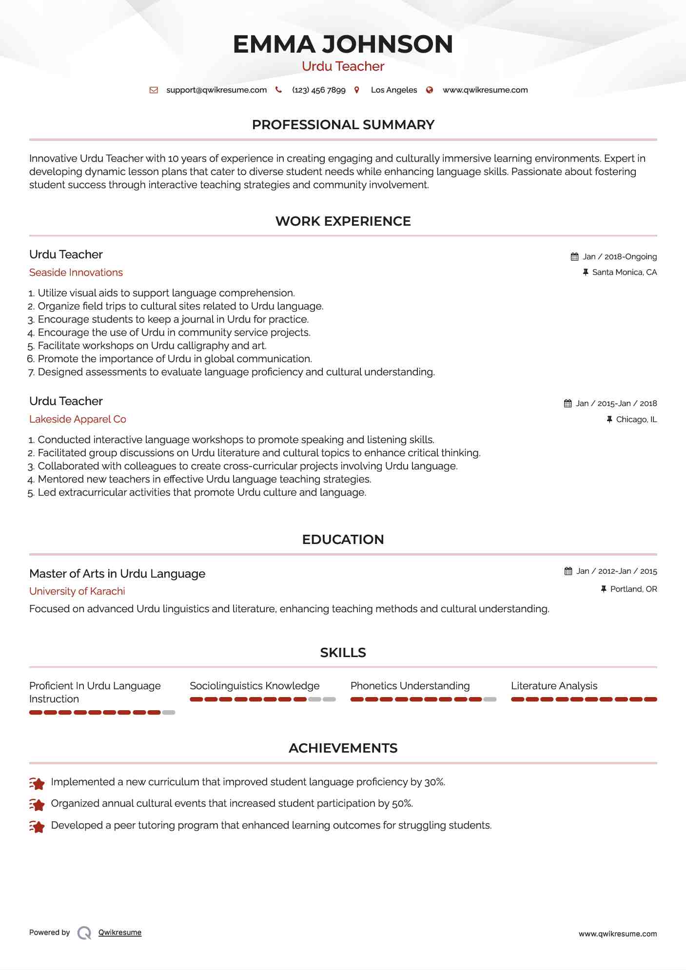 Urdu Teacher Resume Format