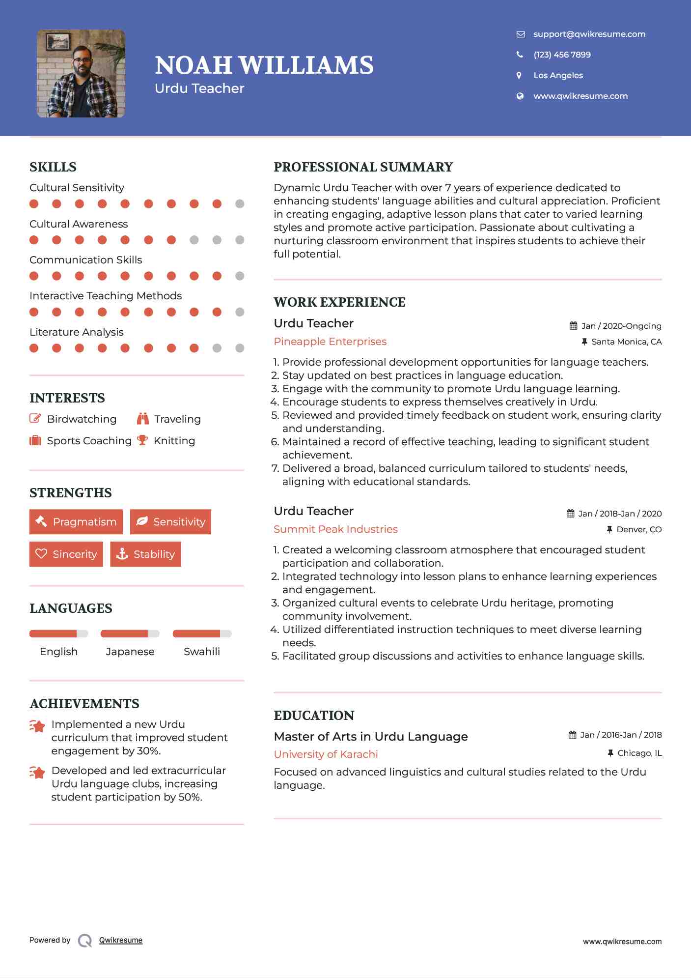 Urdu Teacher Resume Format