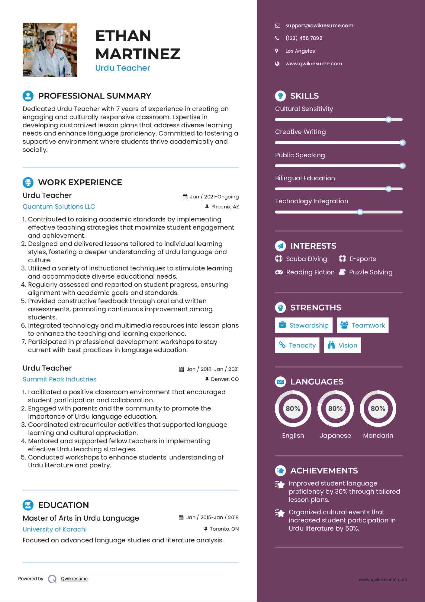 Urdu Teacher Resume Template