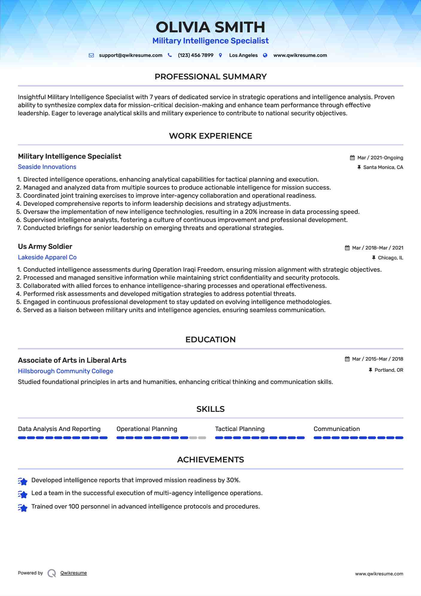 Military Intelligence Specialist Resume Sample