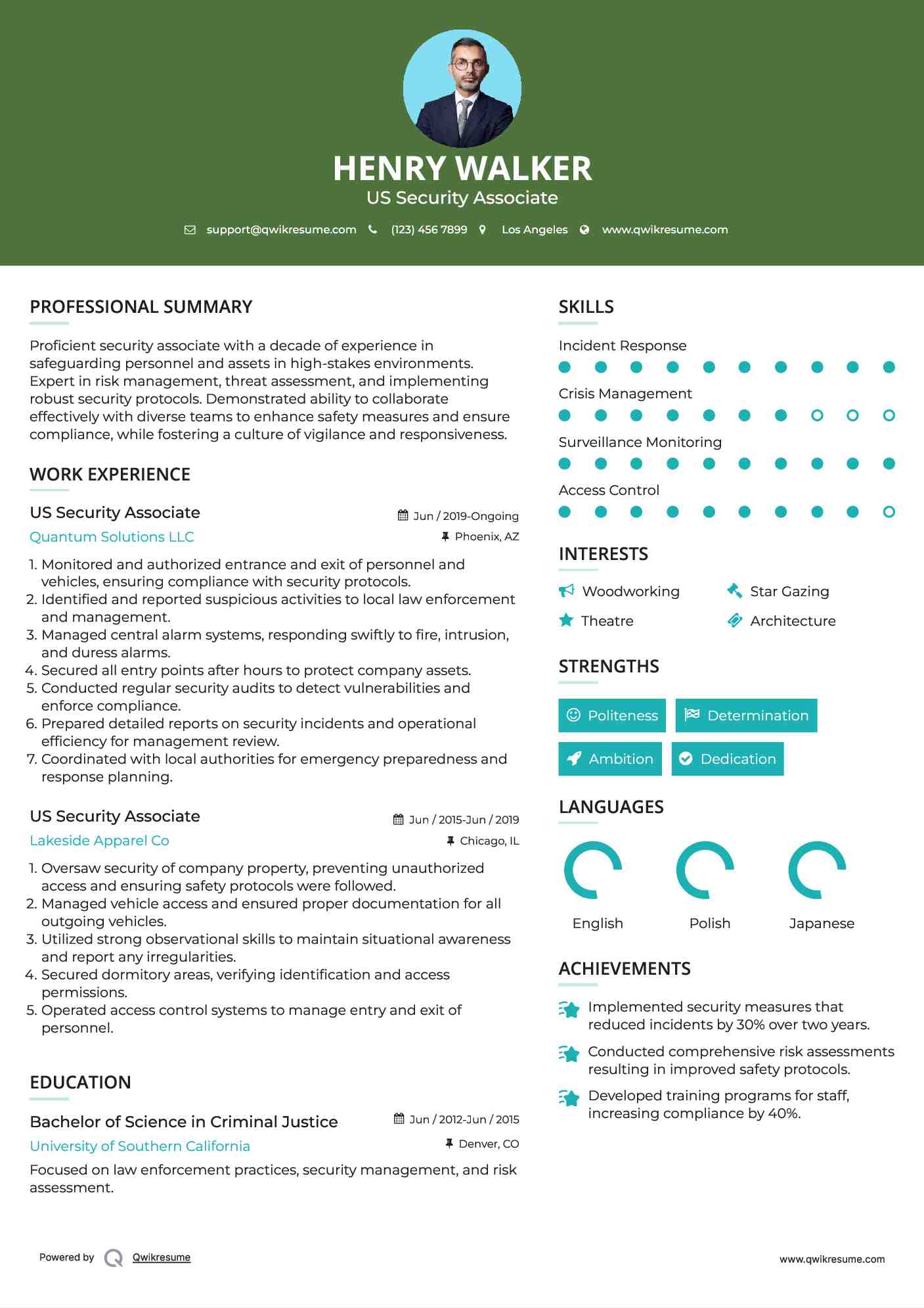 US Security Associate Resume Template