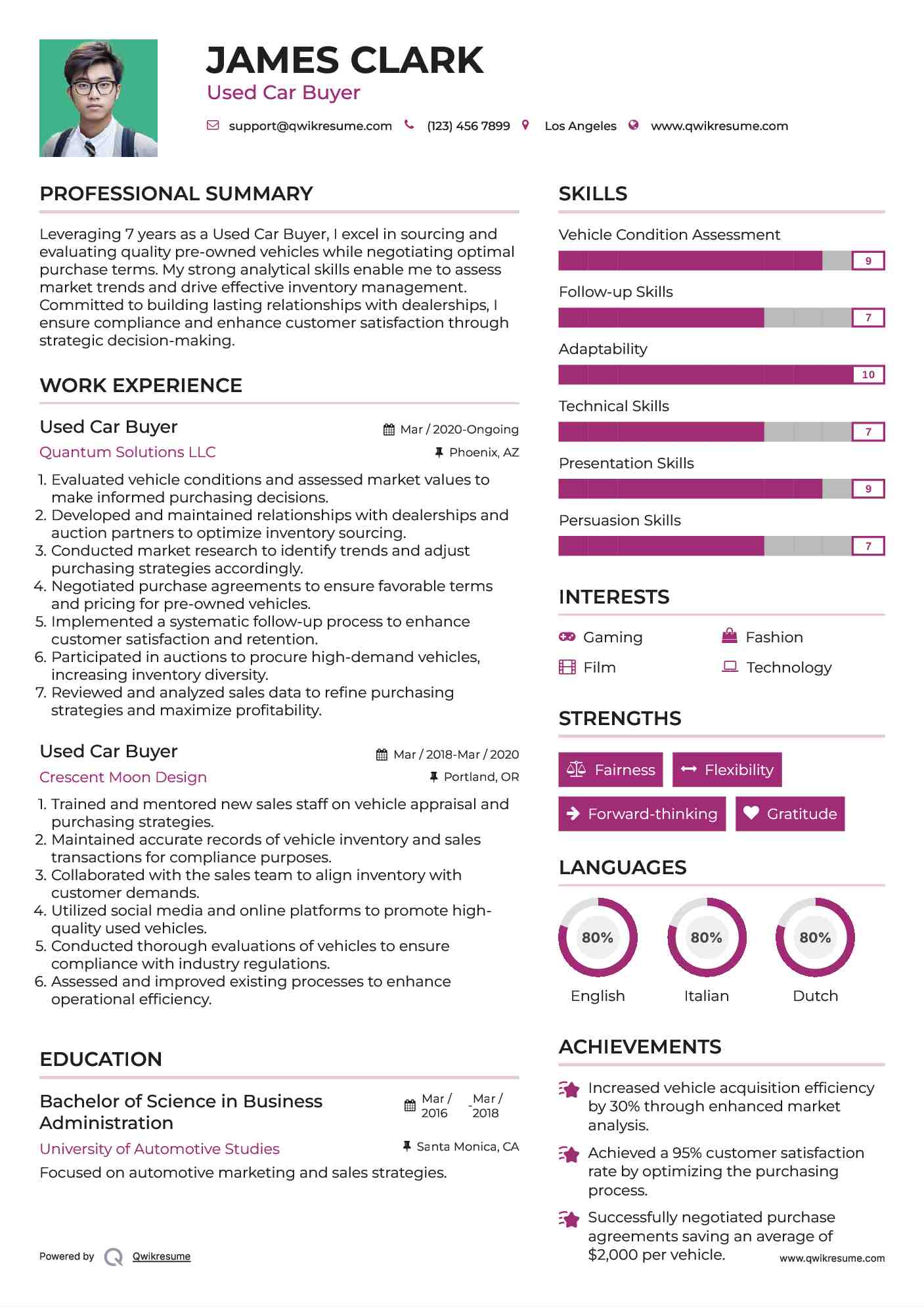 Used Car Buyer Resume Example