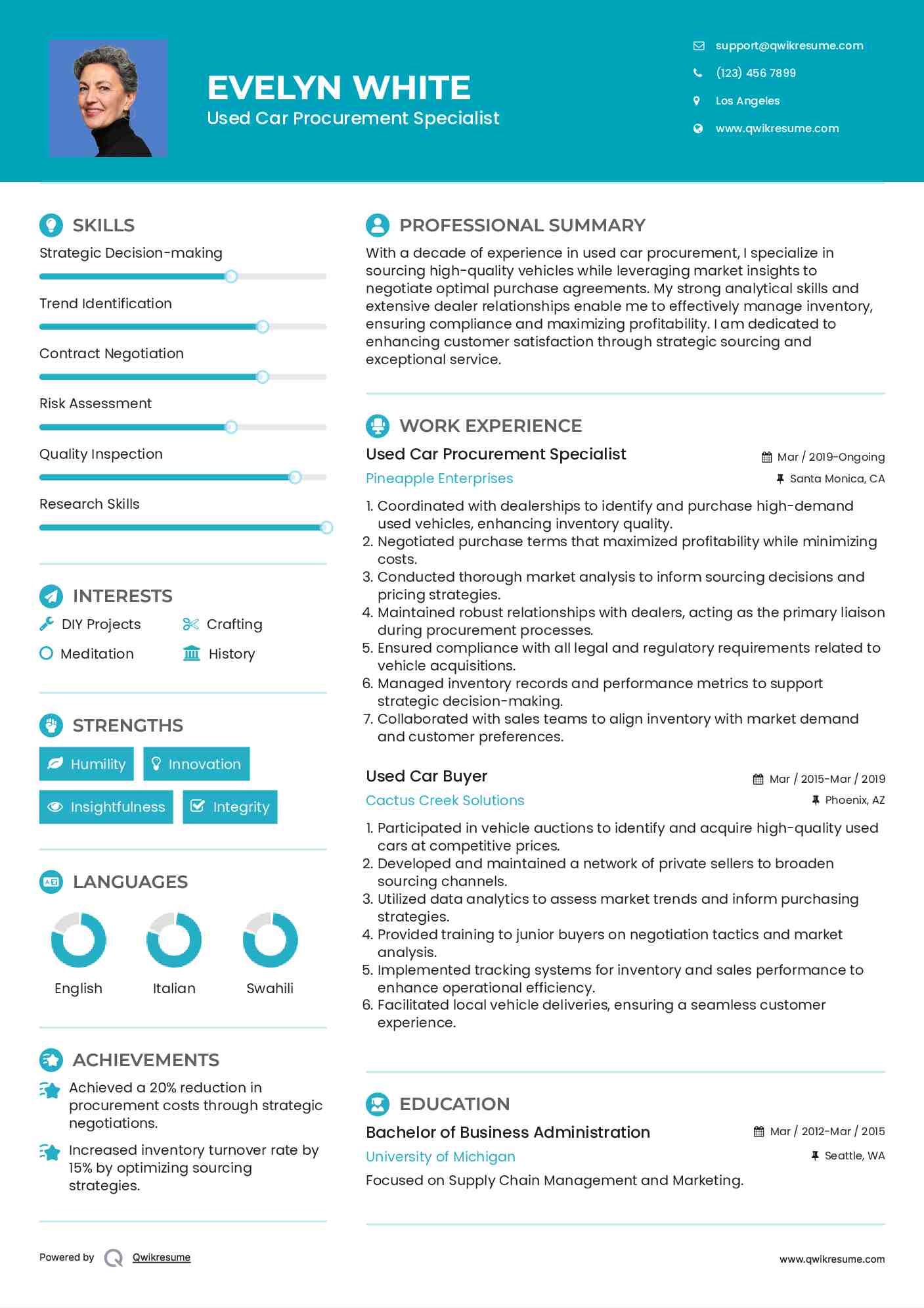 Used Car Procurement Specialist Resume Model