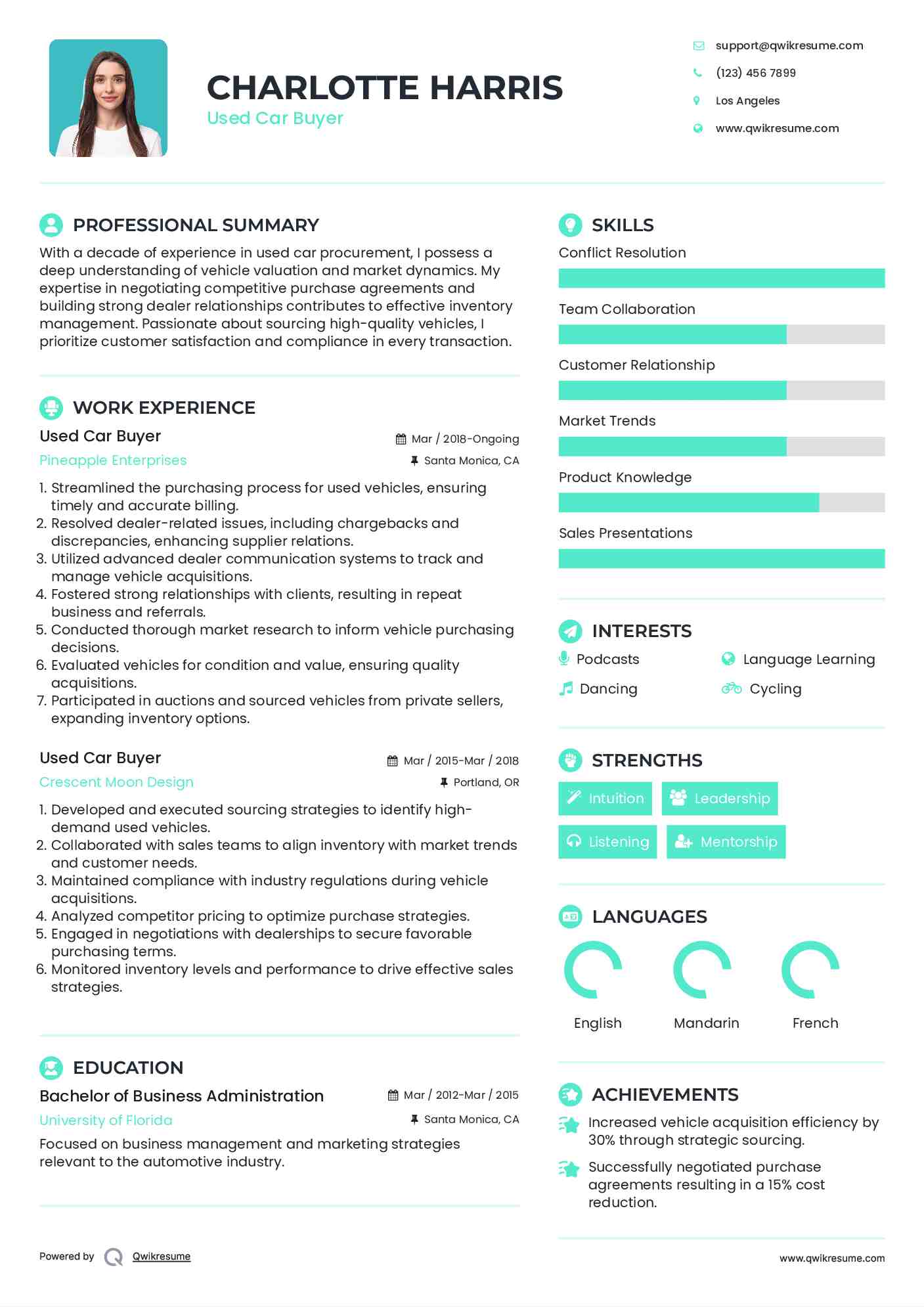 Used Car Buyer Resume Model