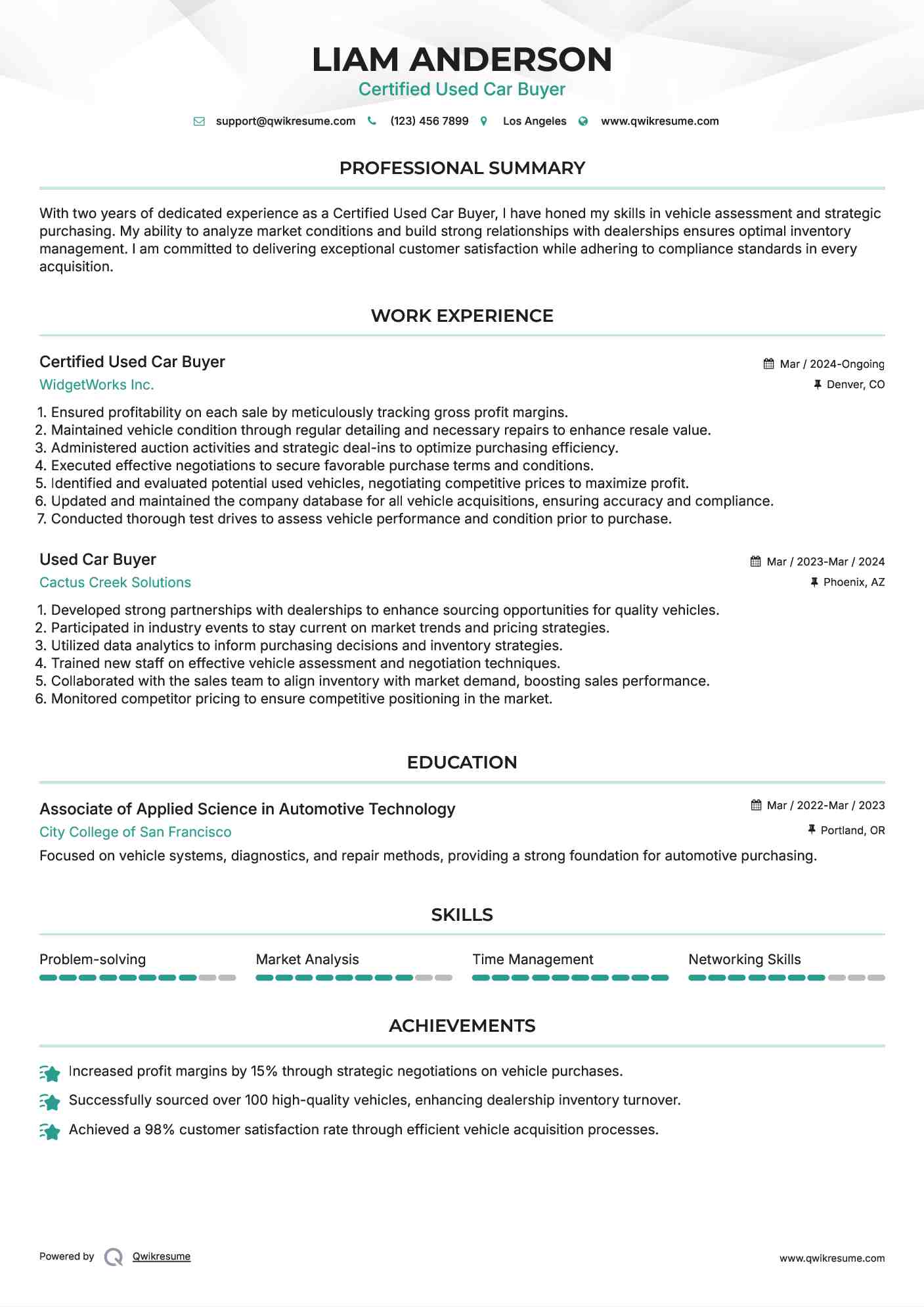Certified Used Car Buyer Resume Model