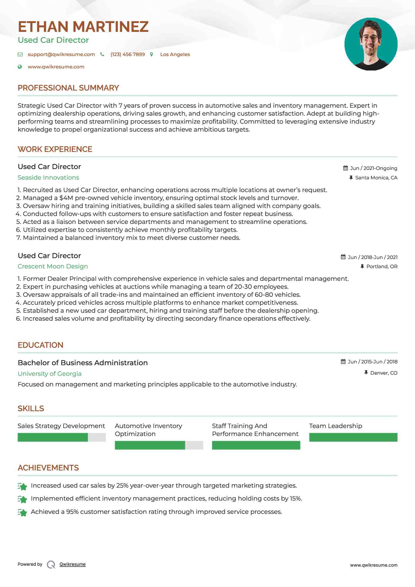 Used Car Director Resume Example