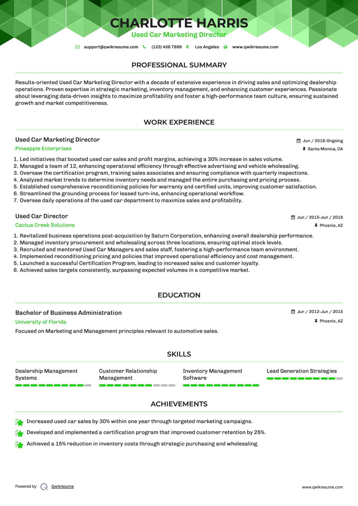 Used Car Marketing Director Resume Model