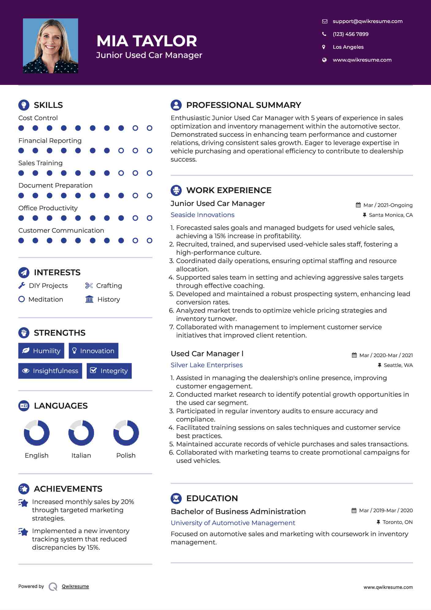 Junior Used Car Manager Resume Format