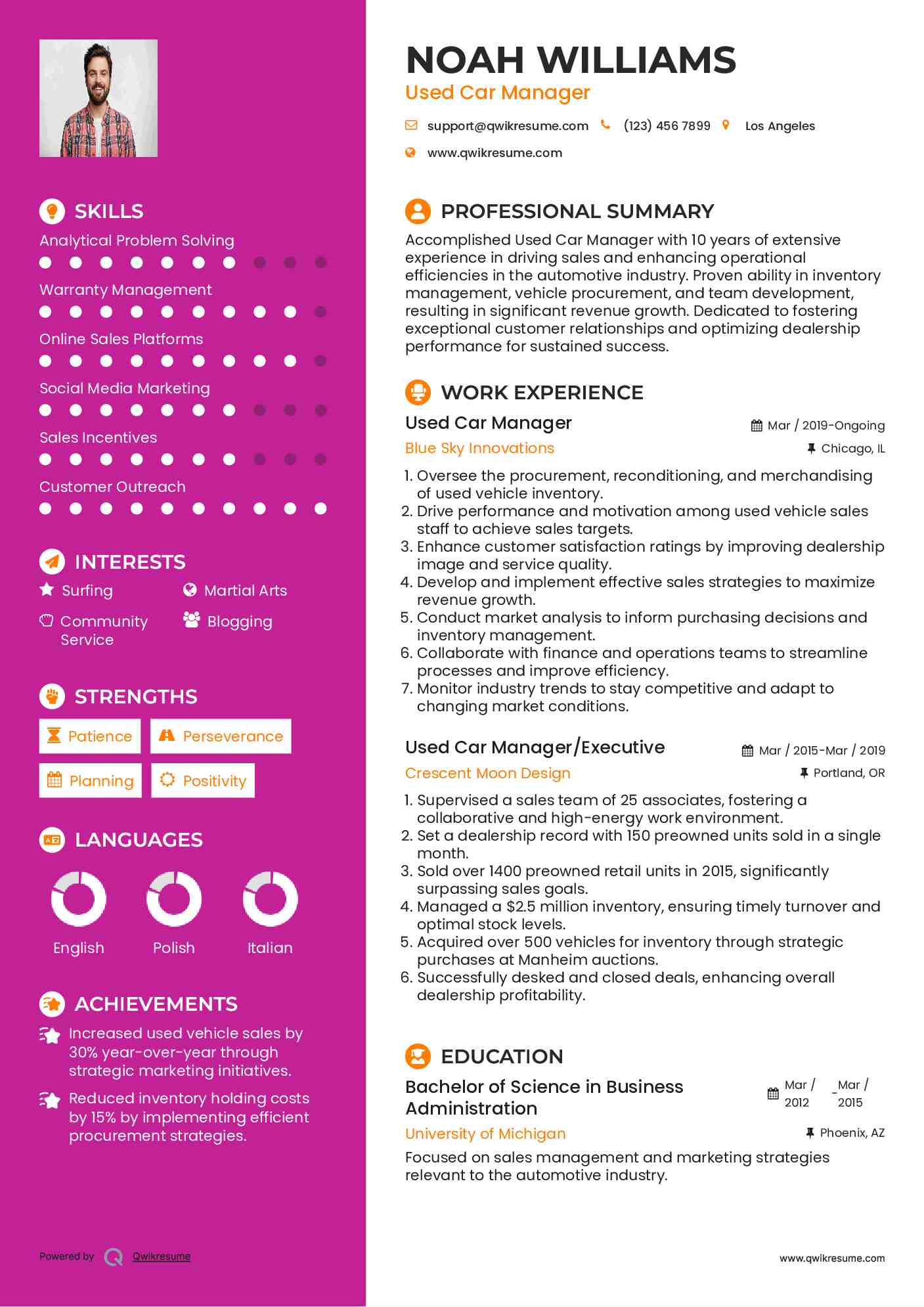 Used Car Manager Resume Example