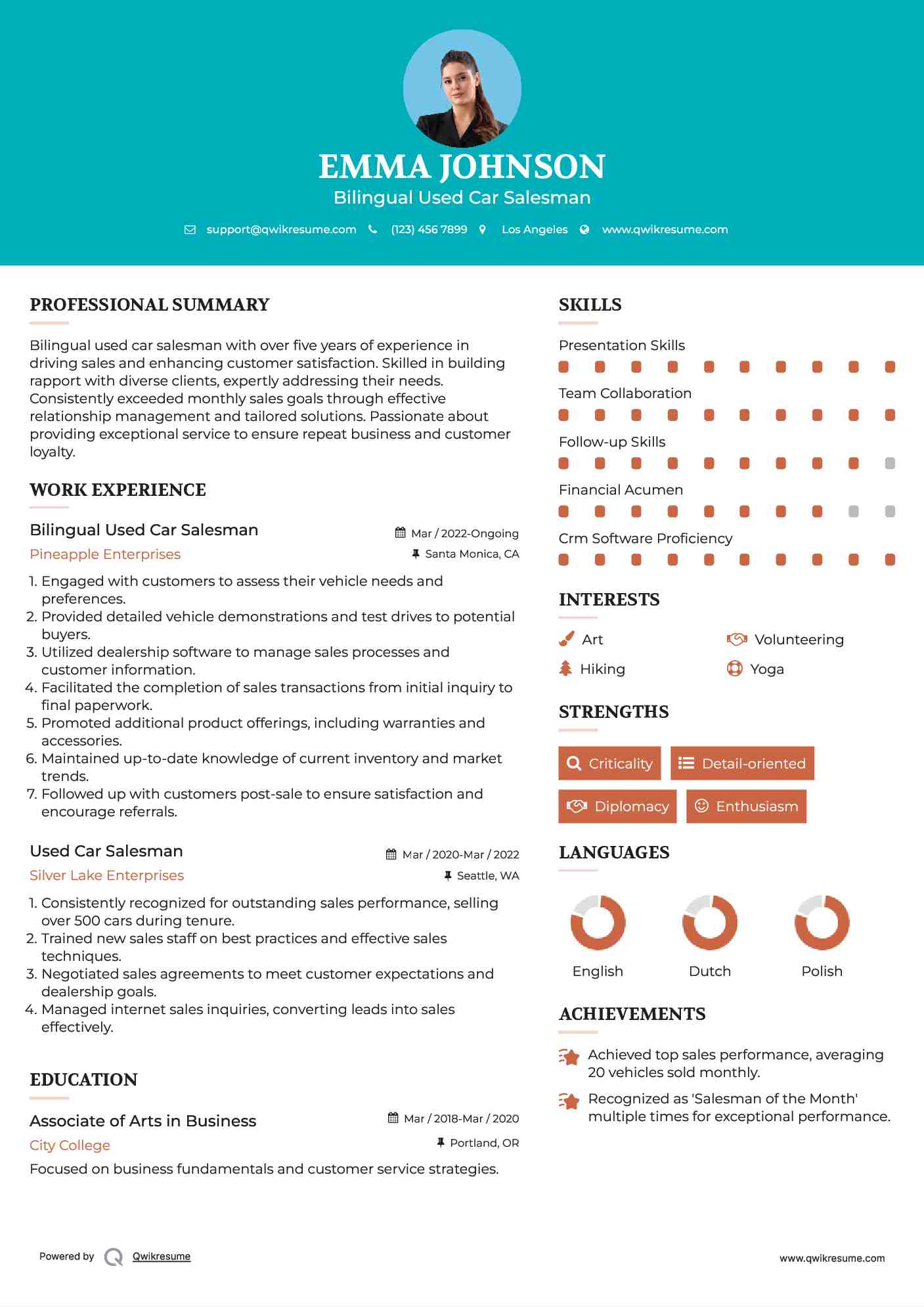 Bilingual Used Car Salesman Resume Sample