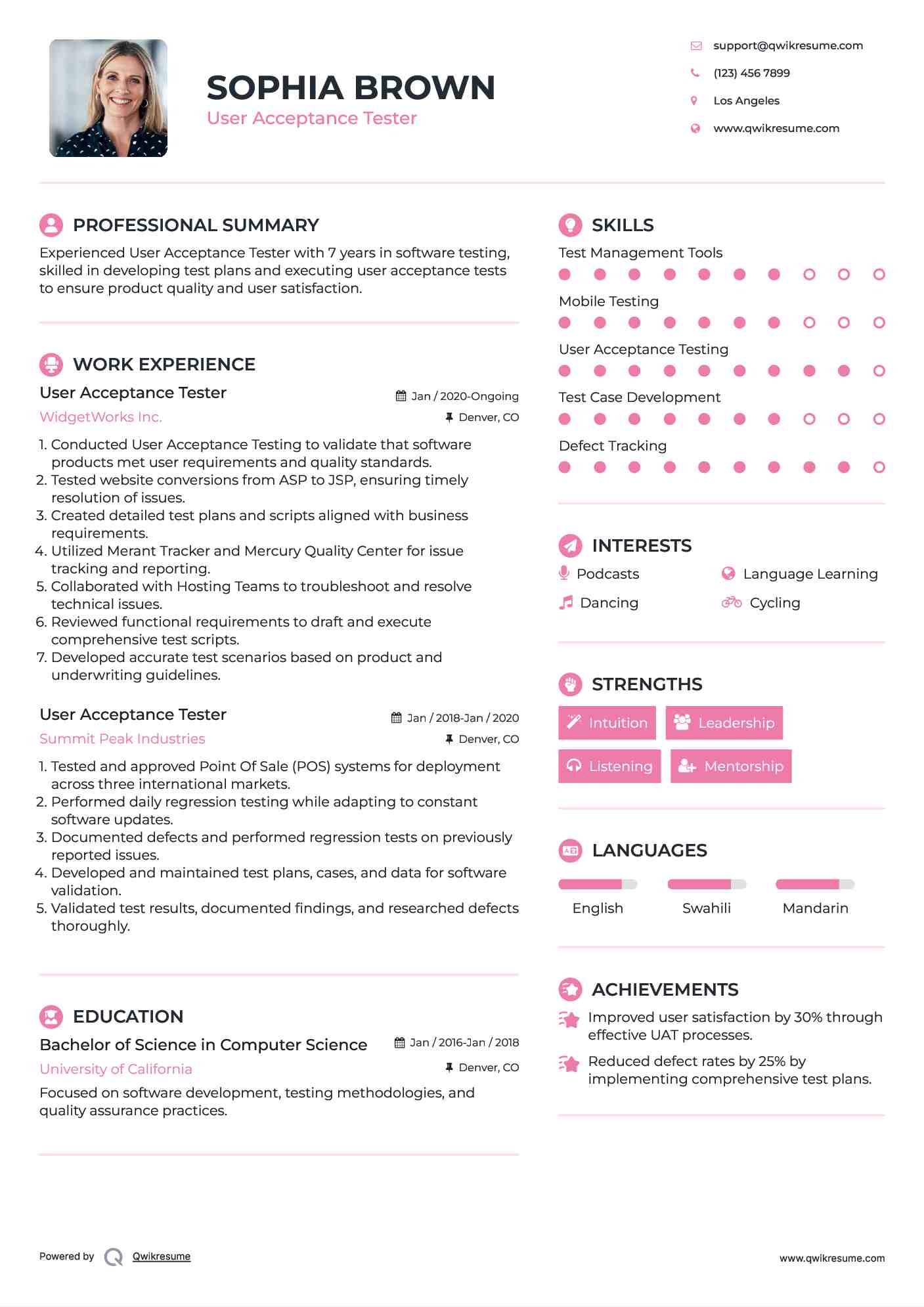 User Acceptance Tester Resume Example