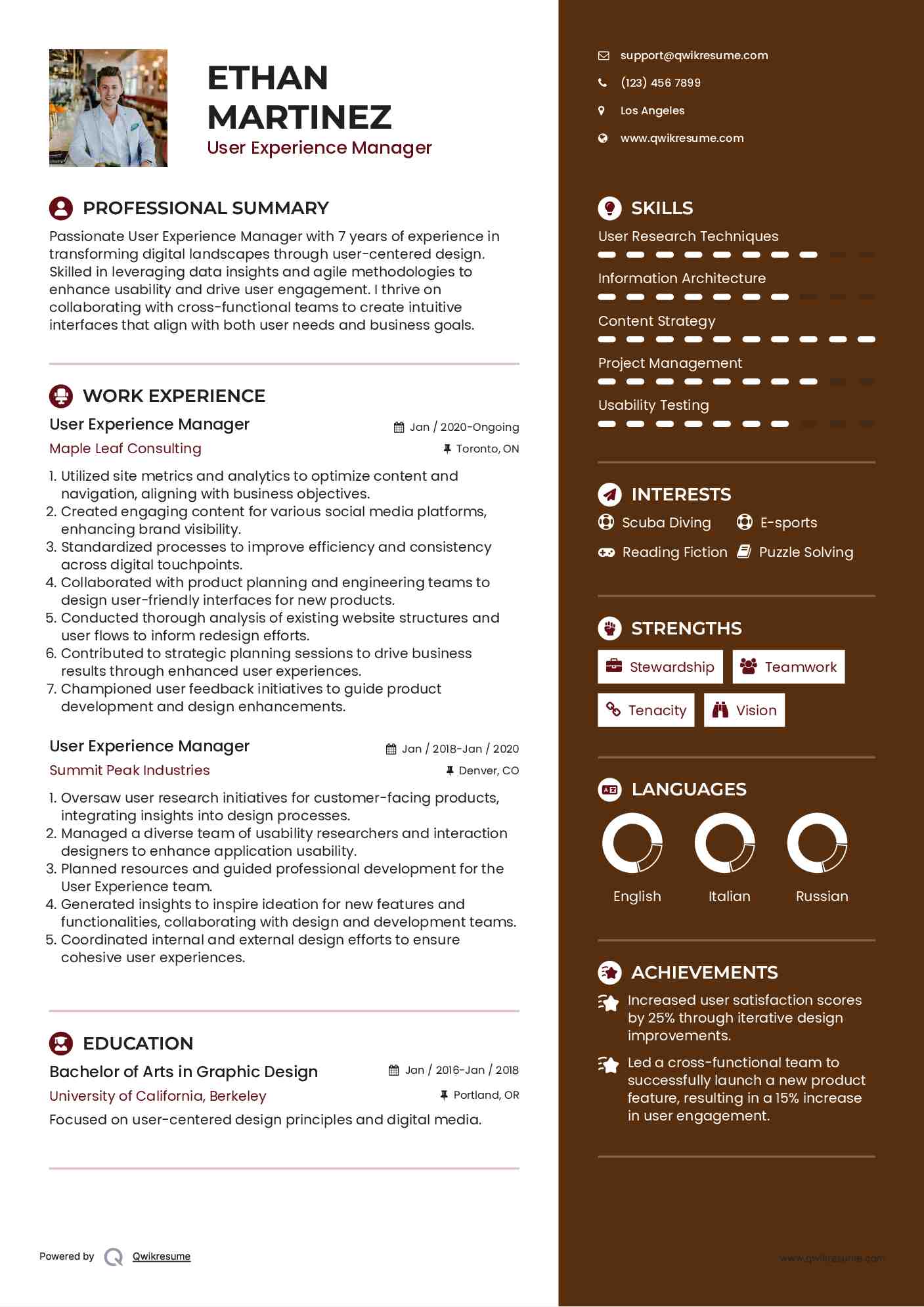 User Experience Manager Resume Example