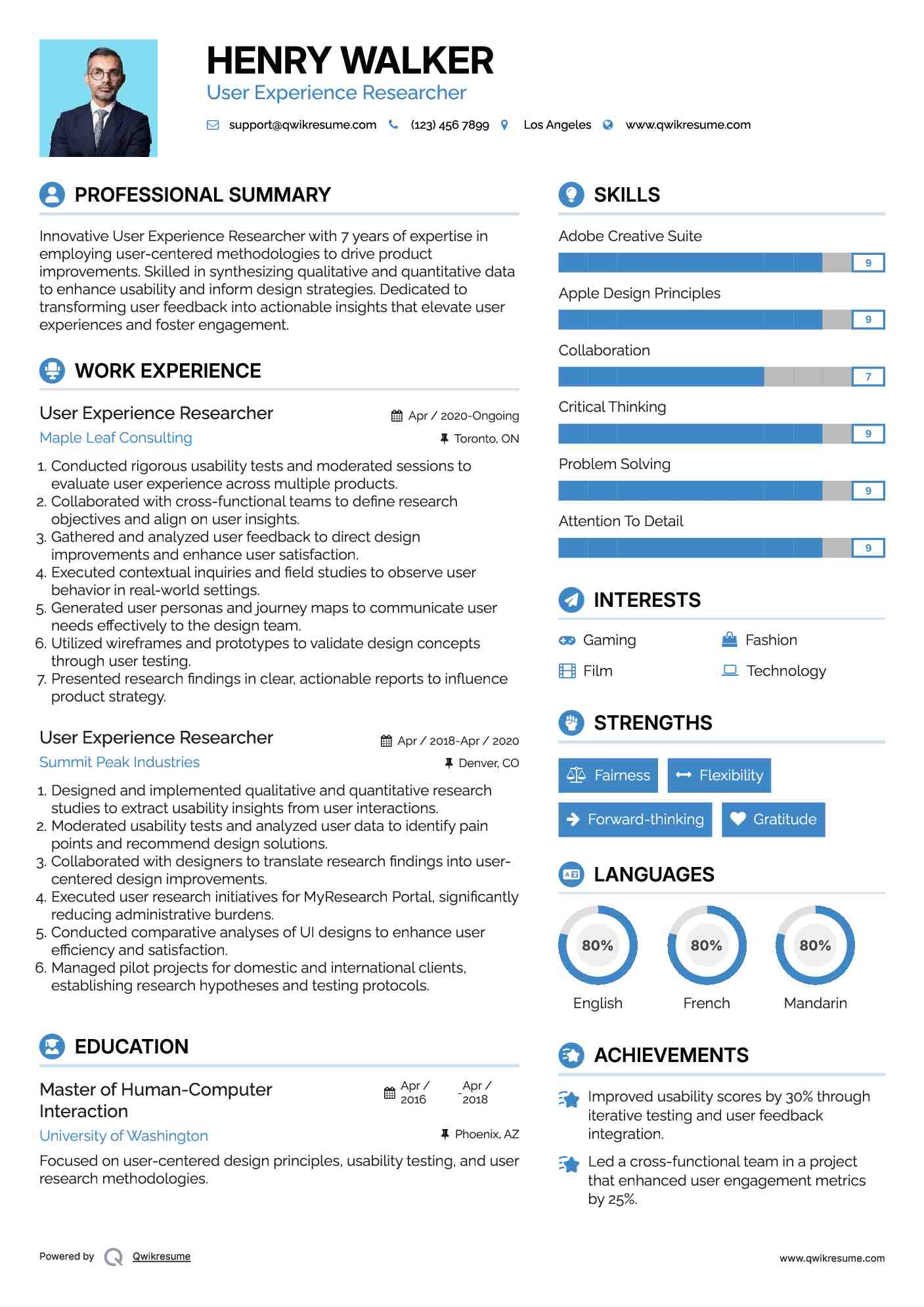 User Experience Researcher Resume Example