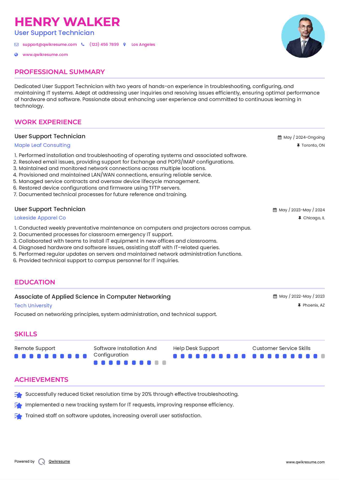 User Support Technician Resume Sample