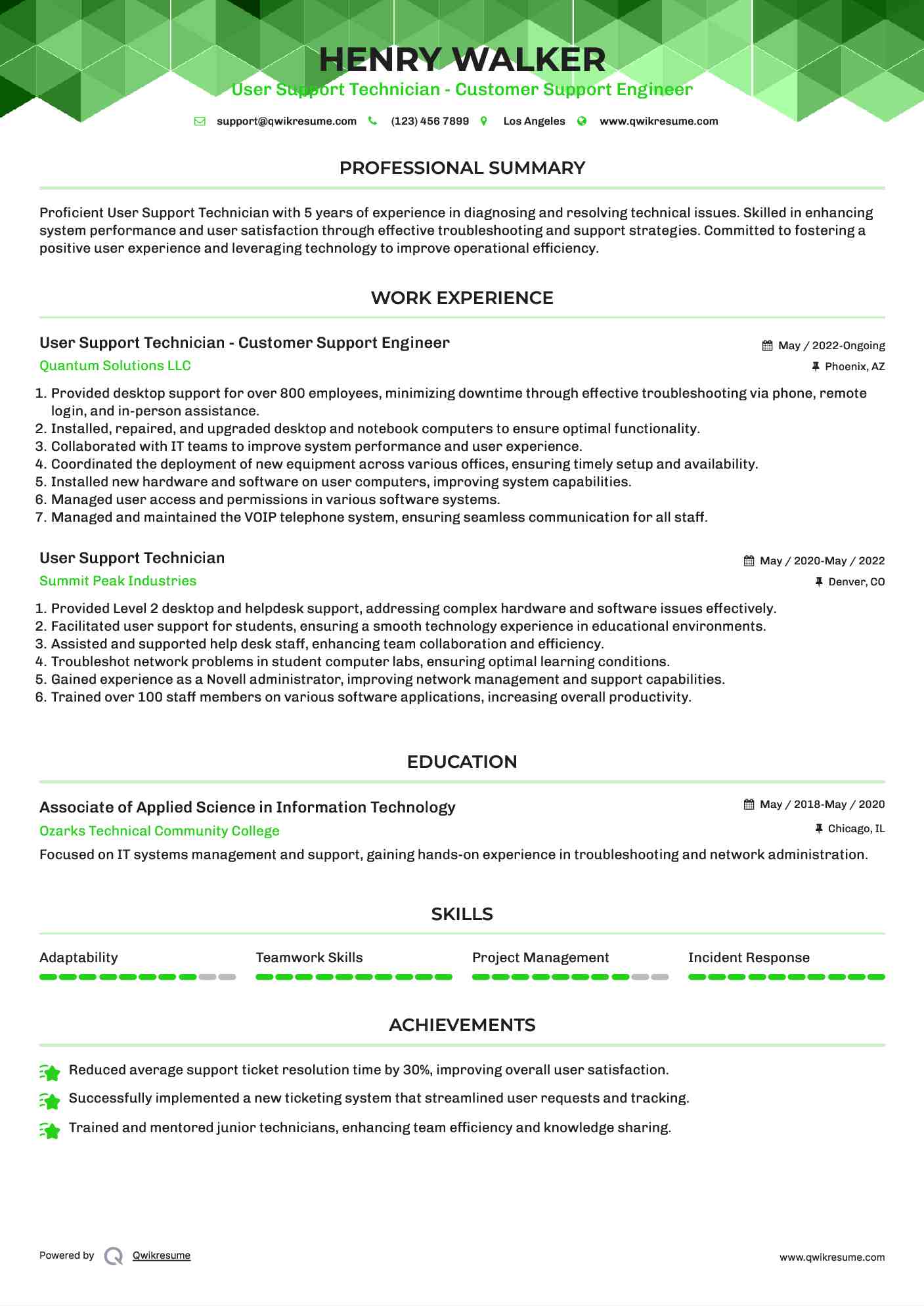 User Support Technician - Customer Support Engineer Resume Format