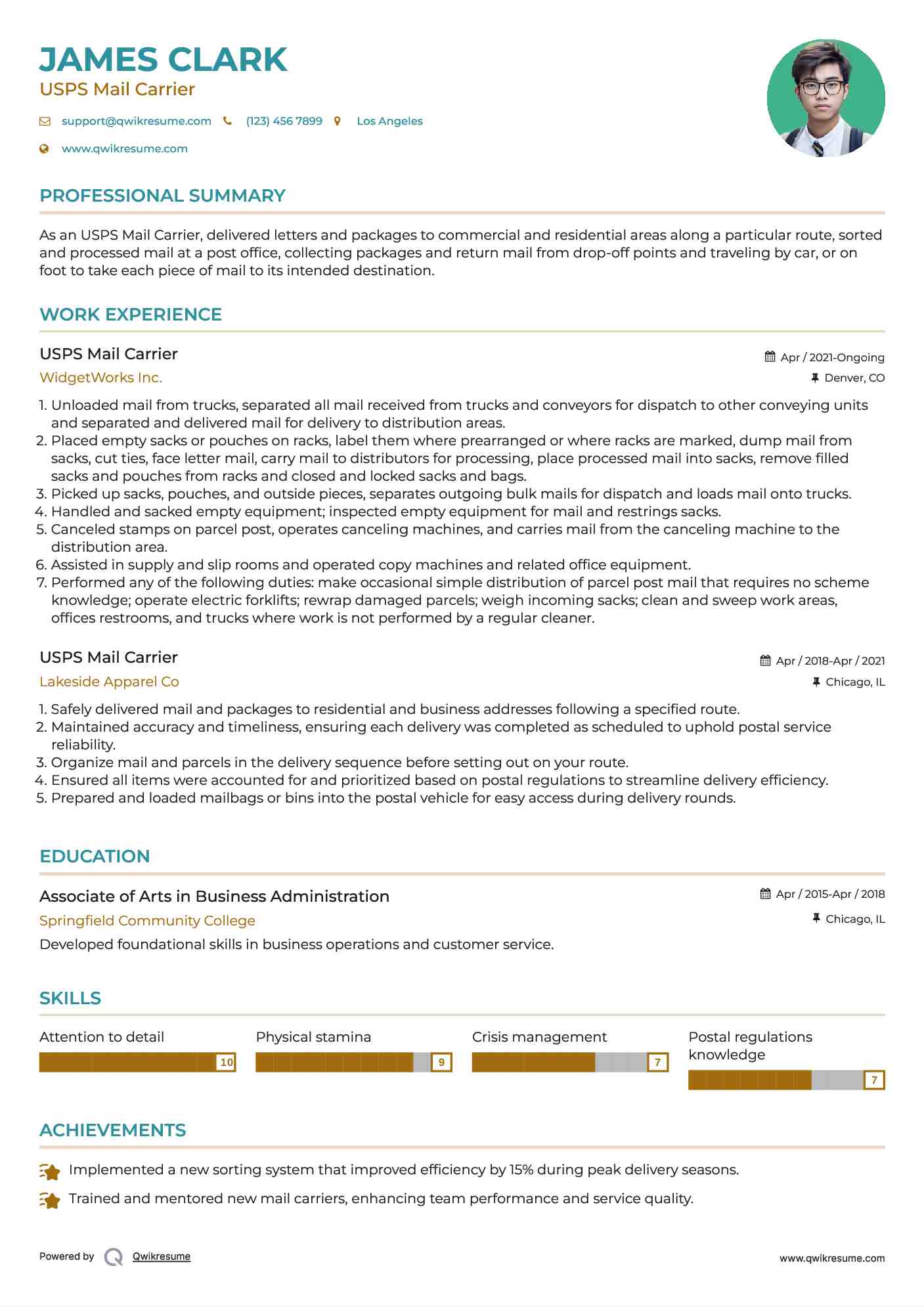 USPS Mail Carrier Resume Template